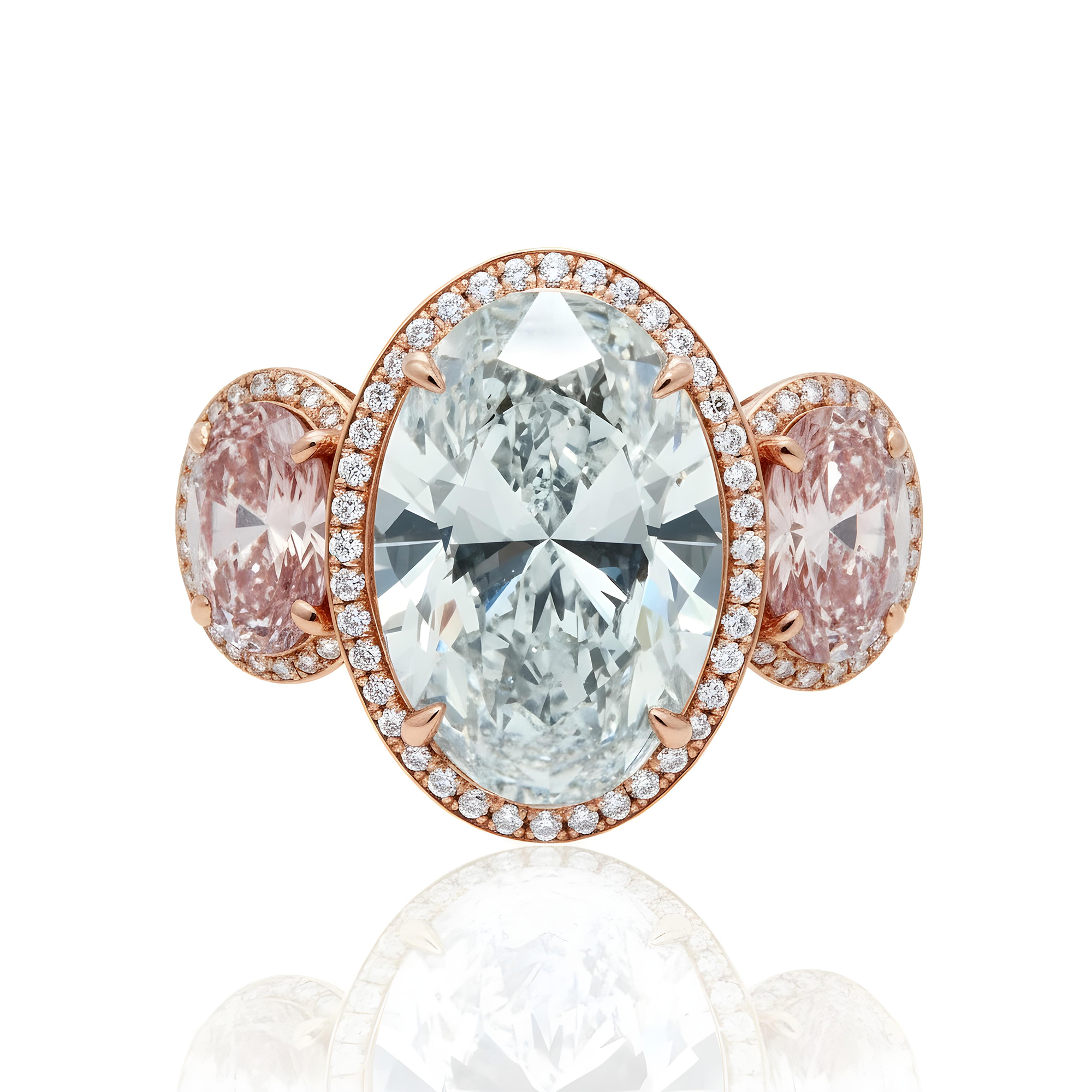 Platinum 10.61ct Oval Cut White & Fancy Pink Triple Diamond Ring 15.45ctw