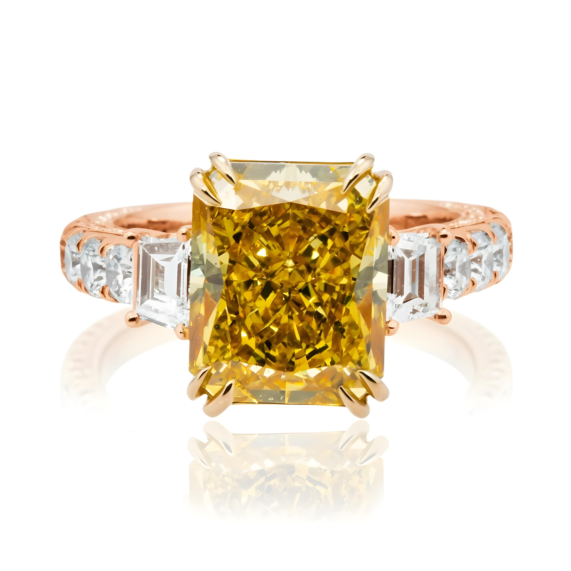 18K Two Tone 5.75ct Radiant Fancy Yellow Diamond Ring 7.15ctw