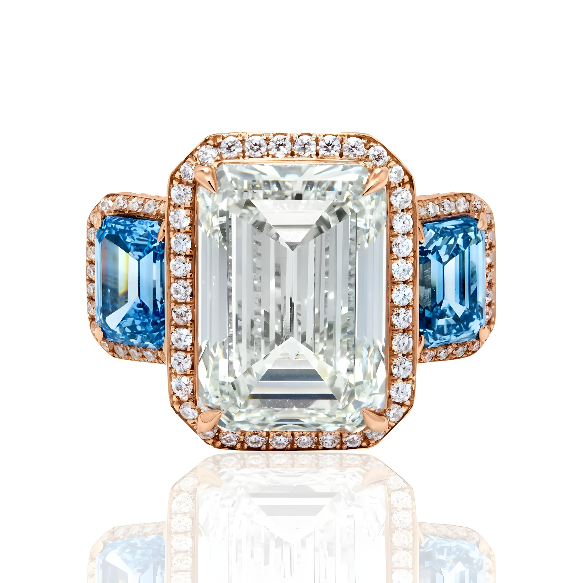 Platinum 10.0ct Emerald Cut White & Fancy Blue Triple Diamond Ring 13.83ctw