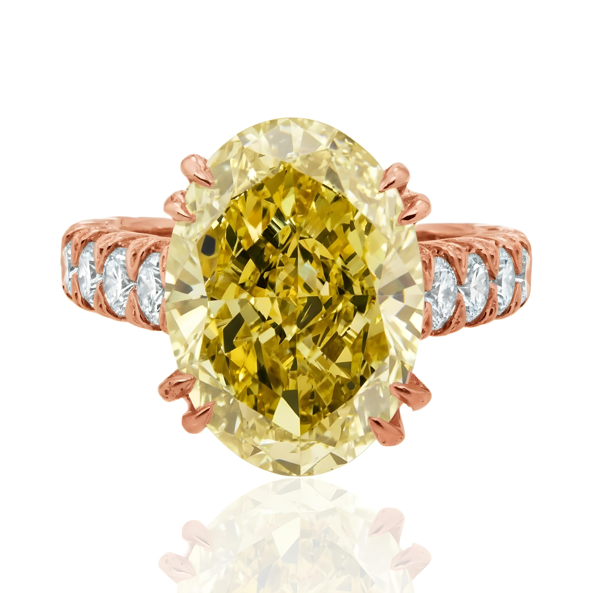 18K White Gold 11.57ct Oval Cut Fancy Yellow Diamond Ring 13.67ctw
