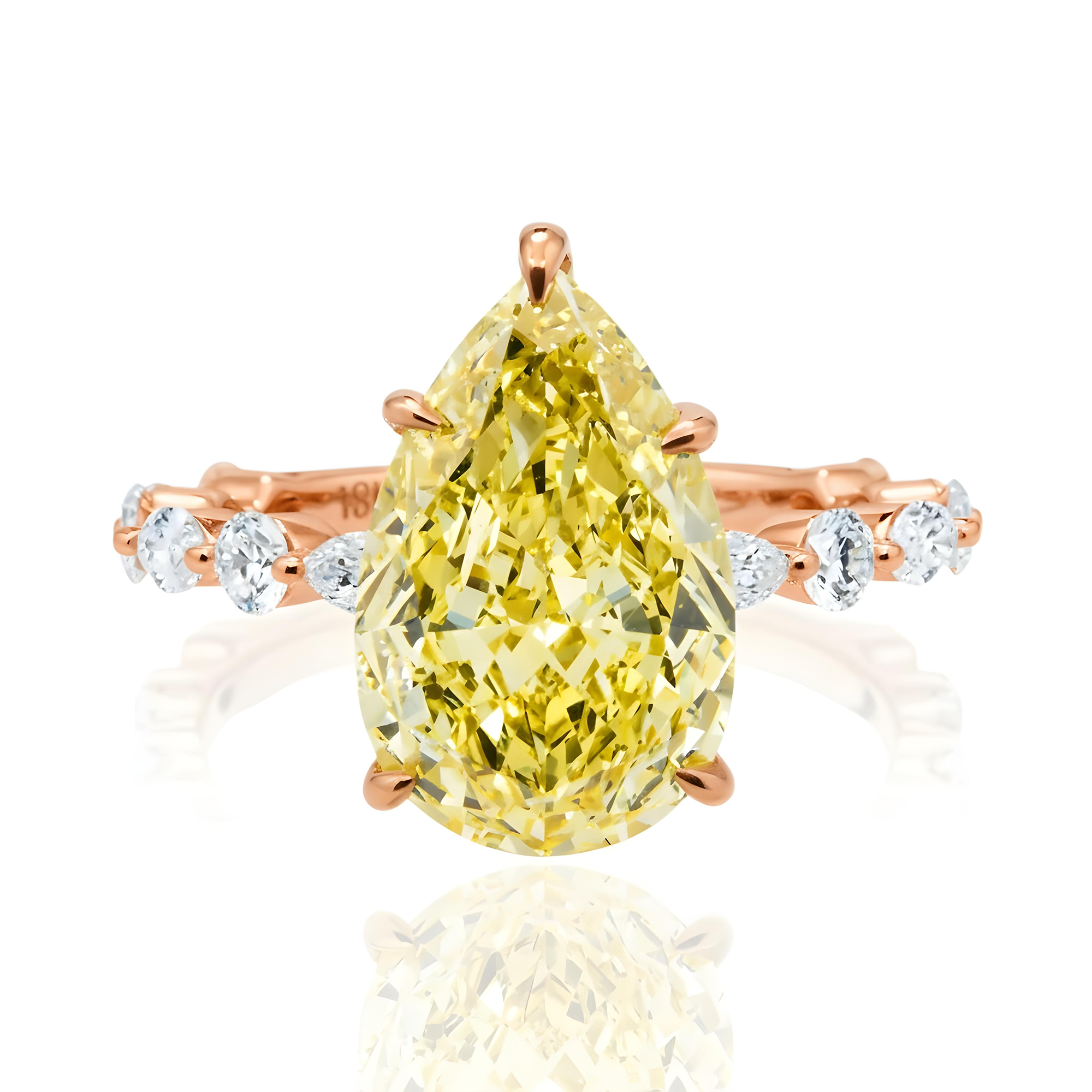 18K White Gold 5.44ct Pear Fancy Yellow Diamond Ring 6.49ctw