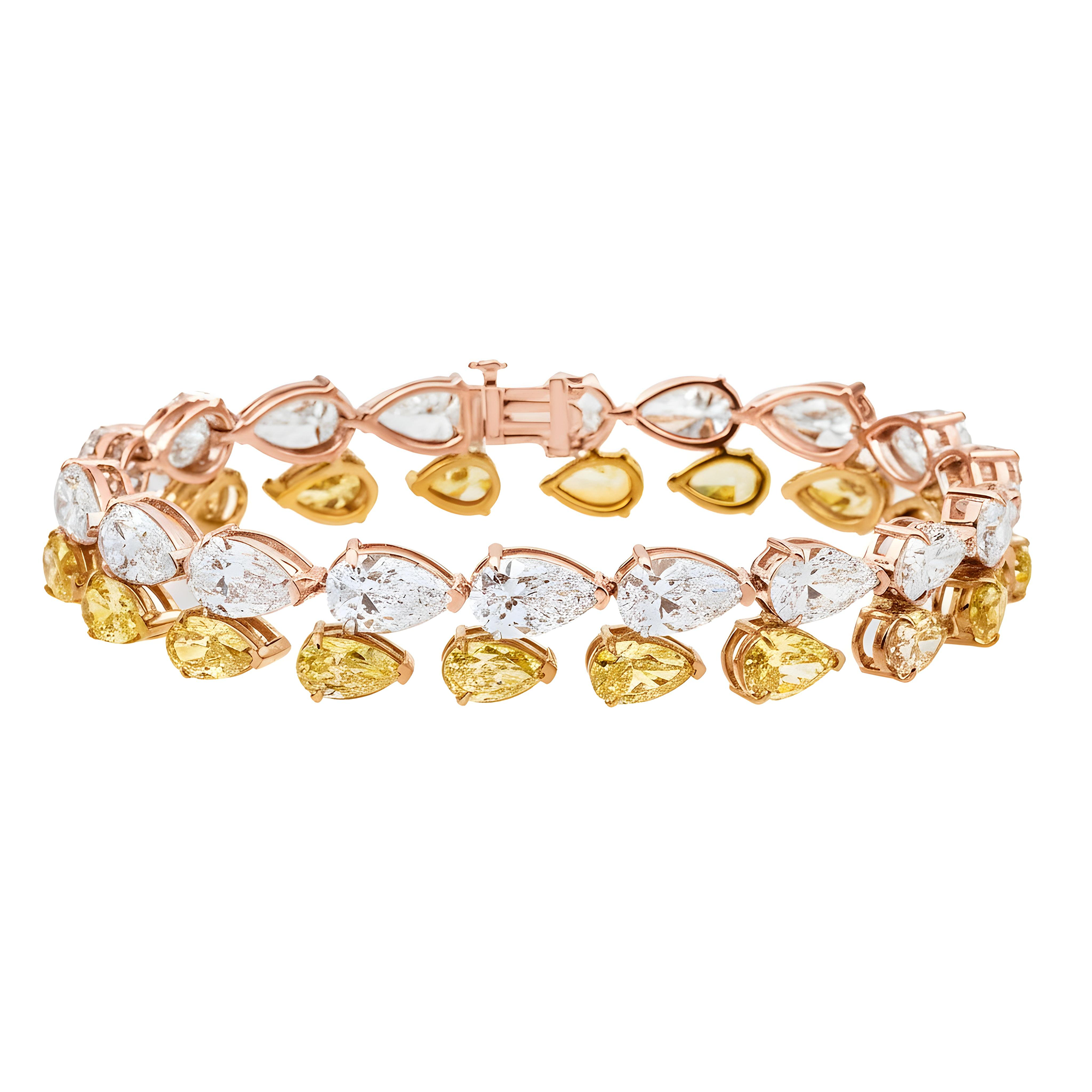 14K Two Tone Pear Cut Fancy Yellow & White Diamond Bracelet 33.38ct