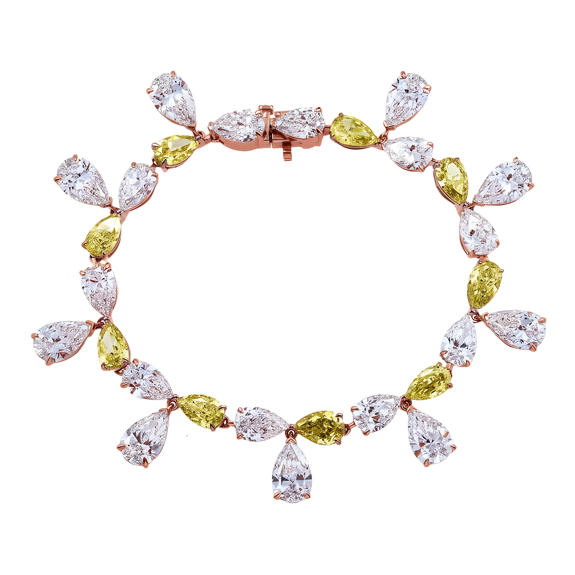 14K Two Tone Pear Cut White & Fancy Yellow Diamond Dangle Bracelet 33.63ct