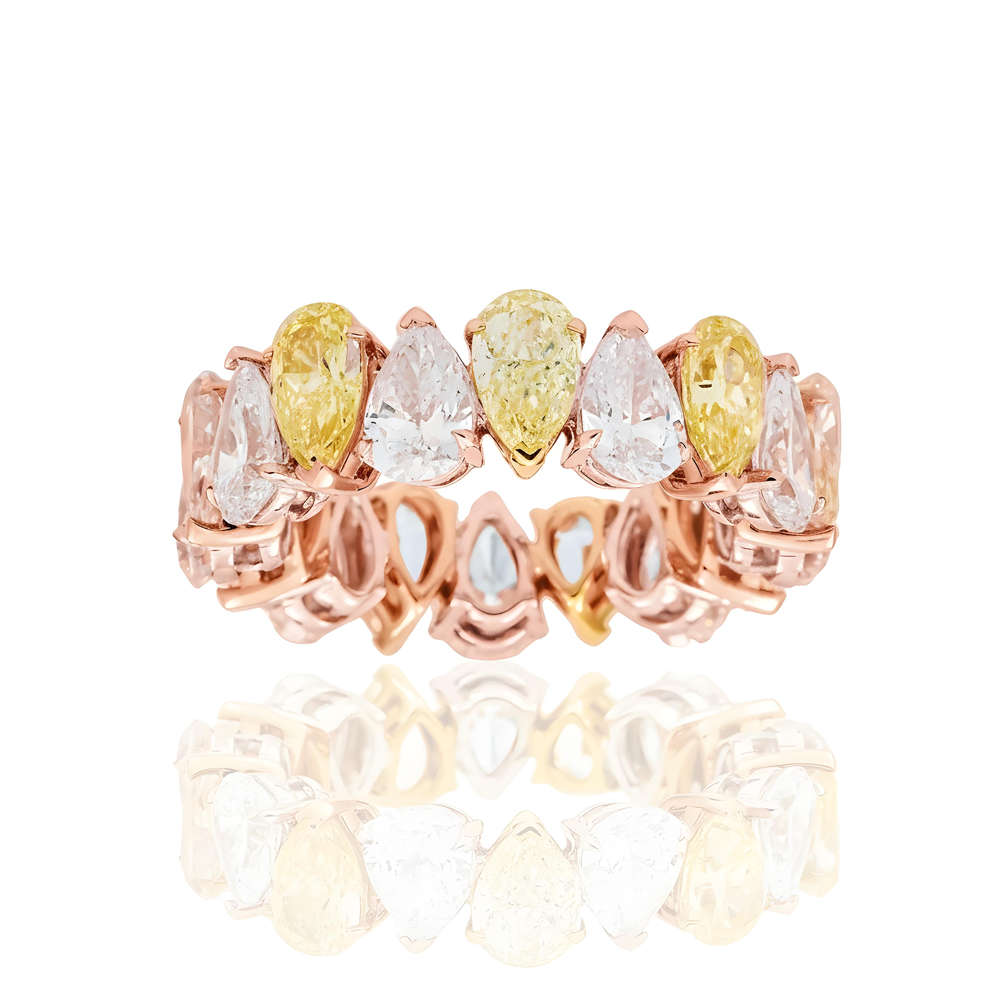 14K Two Tone Pear Cut Fancy Yellow & White Diamond Eternity Ring 8.31ct