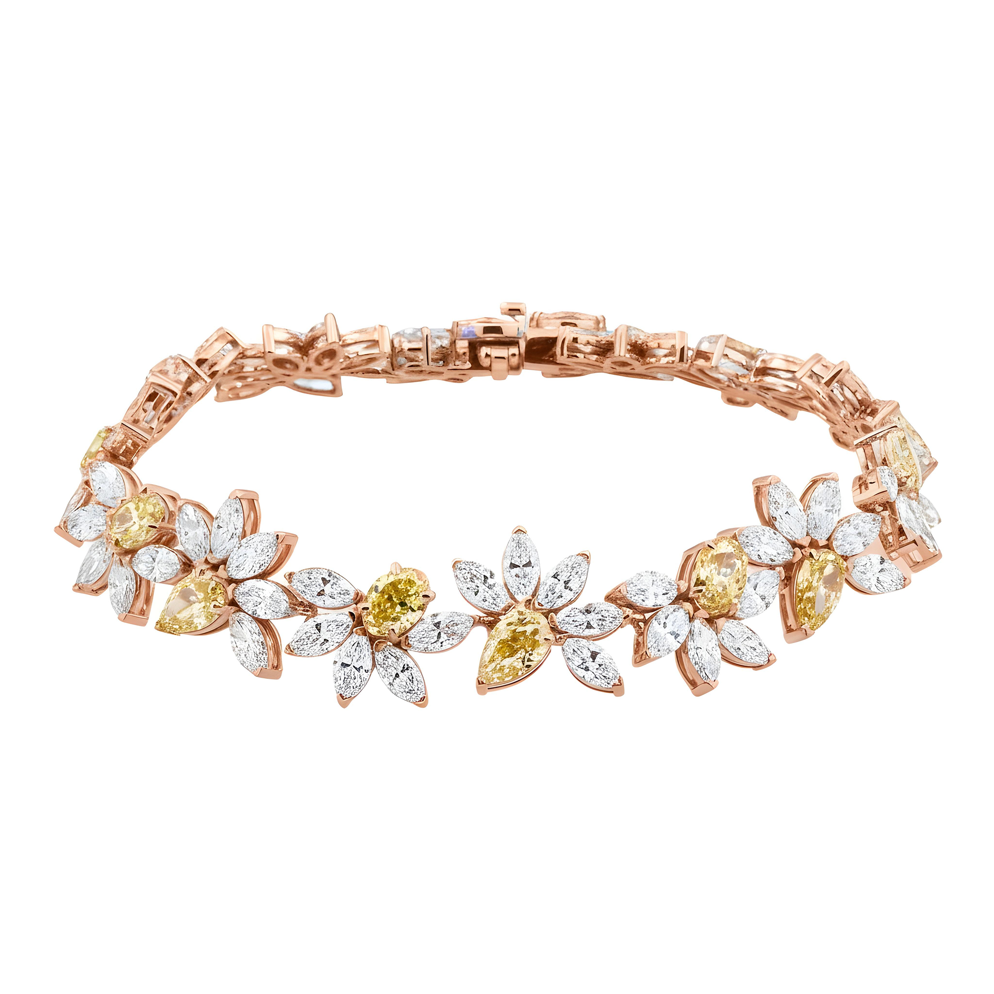 14K Two Tone Multi Cut Fancy Yellow & White Diamond Rose Bud Bracelet 26.54ct