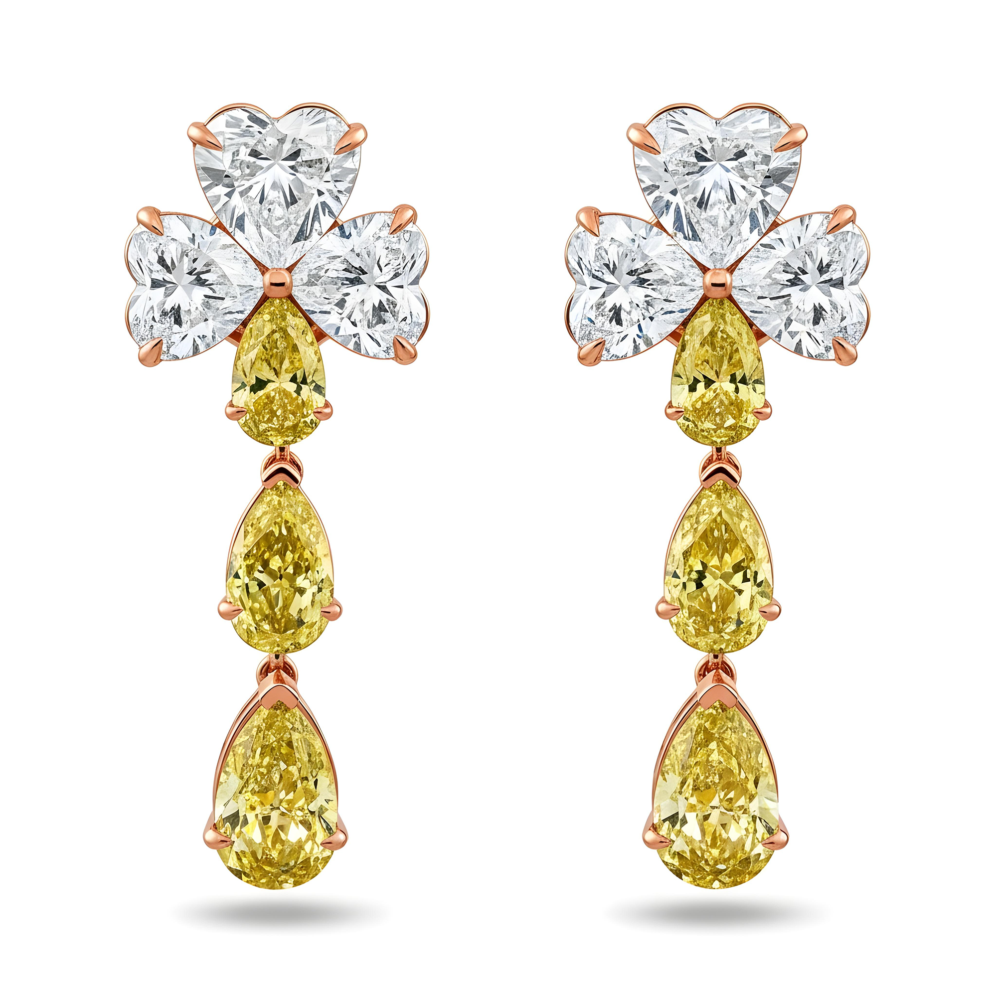 IGI 14K Two Tone White & Fancy Yellow Heart & Pear Diamond Earrings 13.72ct