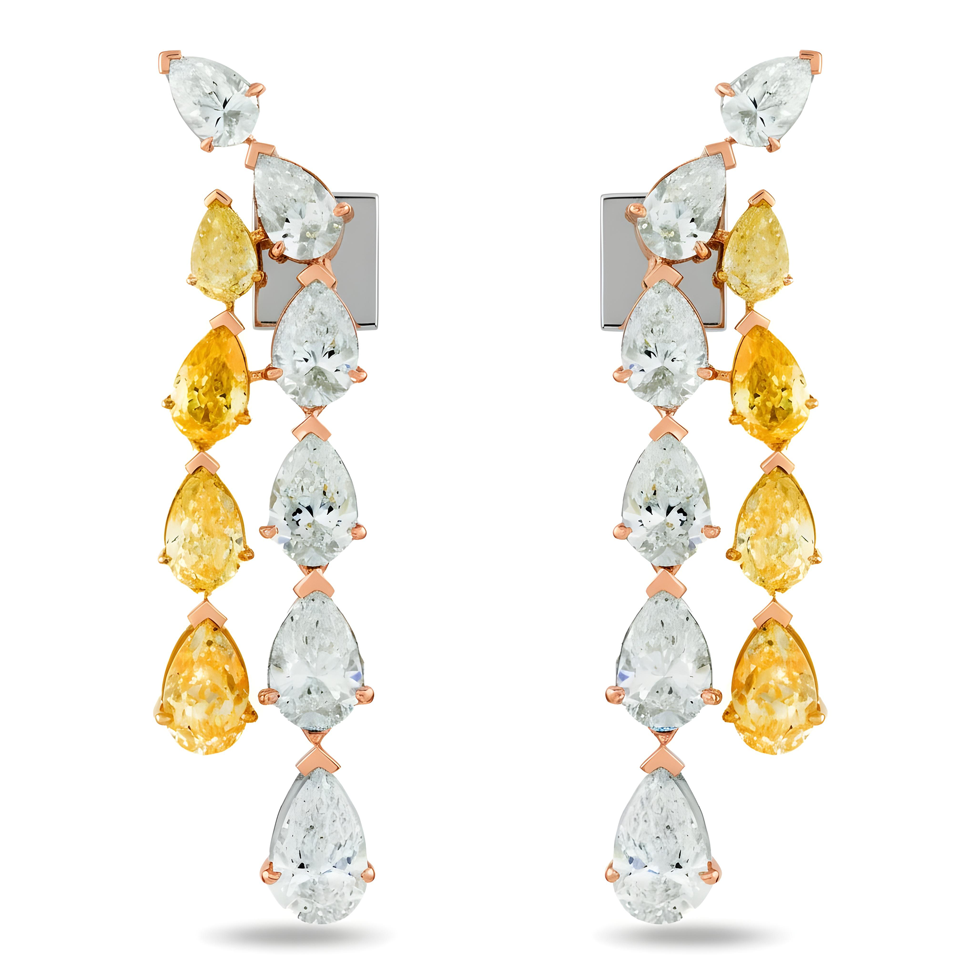 IGI 14K Two Tone Pear Cut Fancy Yellow & White Diamond Drop Earrings 14.32ctw