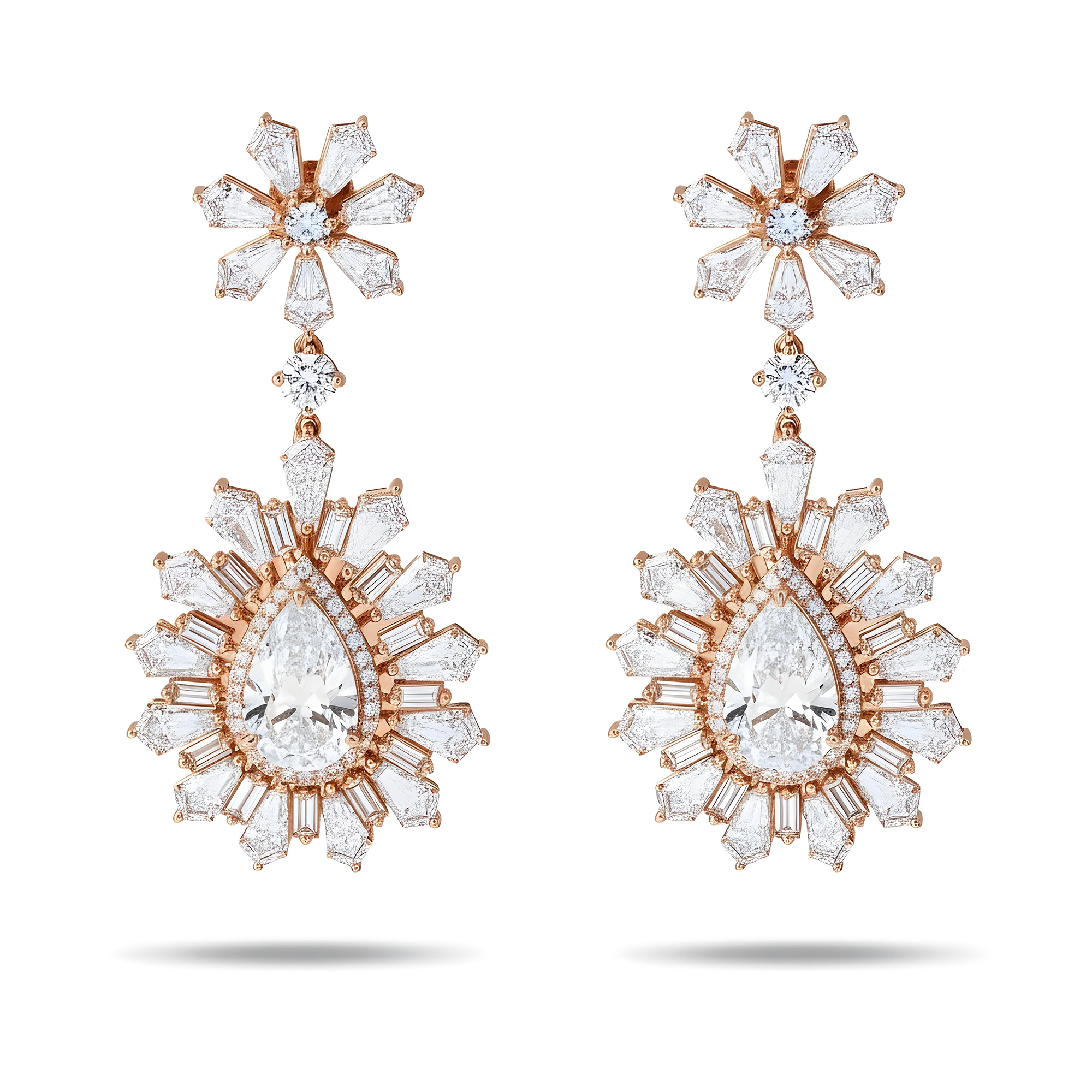 14K White Gold Multi Cut Diamond Goddess Drop Earrings 27.64ct (matching set)