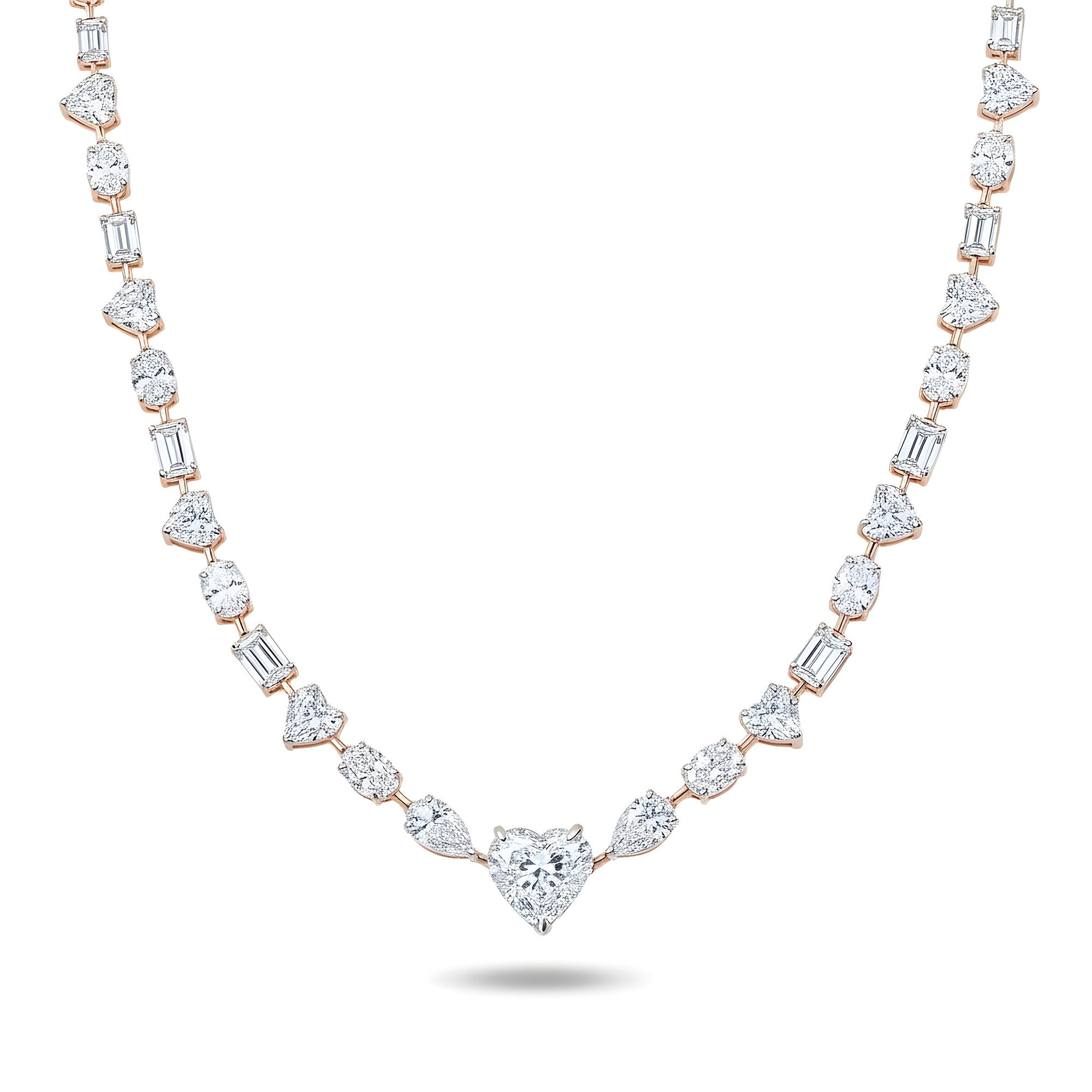 IGI 14K White Gold Heart, Oval & Emerald Cut Diamond Necklace 42.56ct