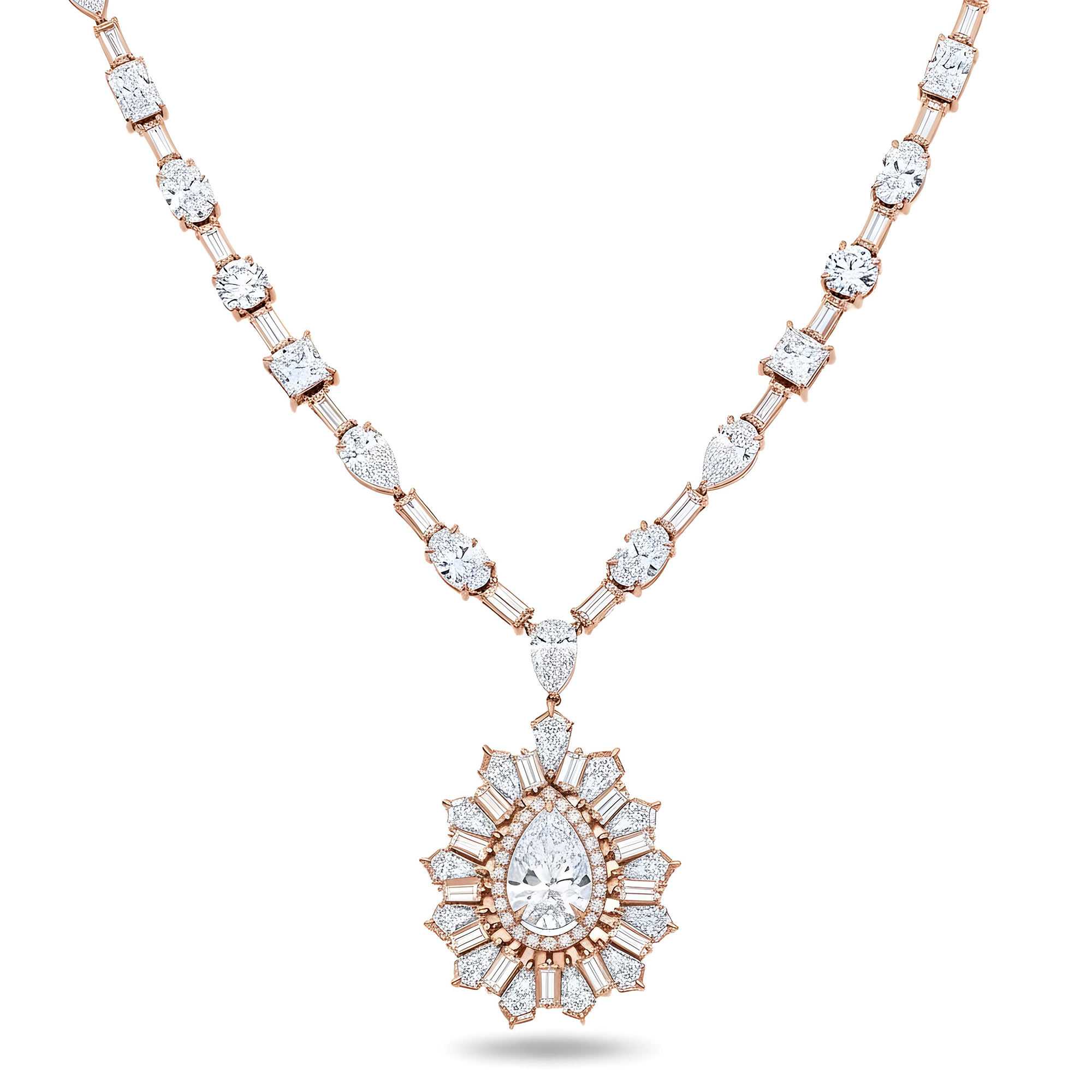 14K White Gold Multi Cut Diamond Goddess Drop Necklace 47.55ct (matching set)