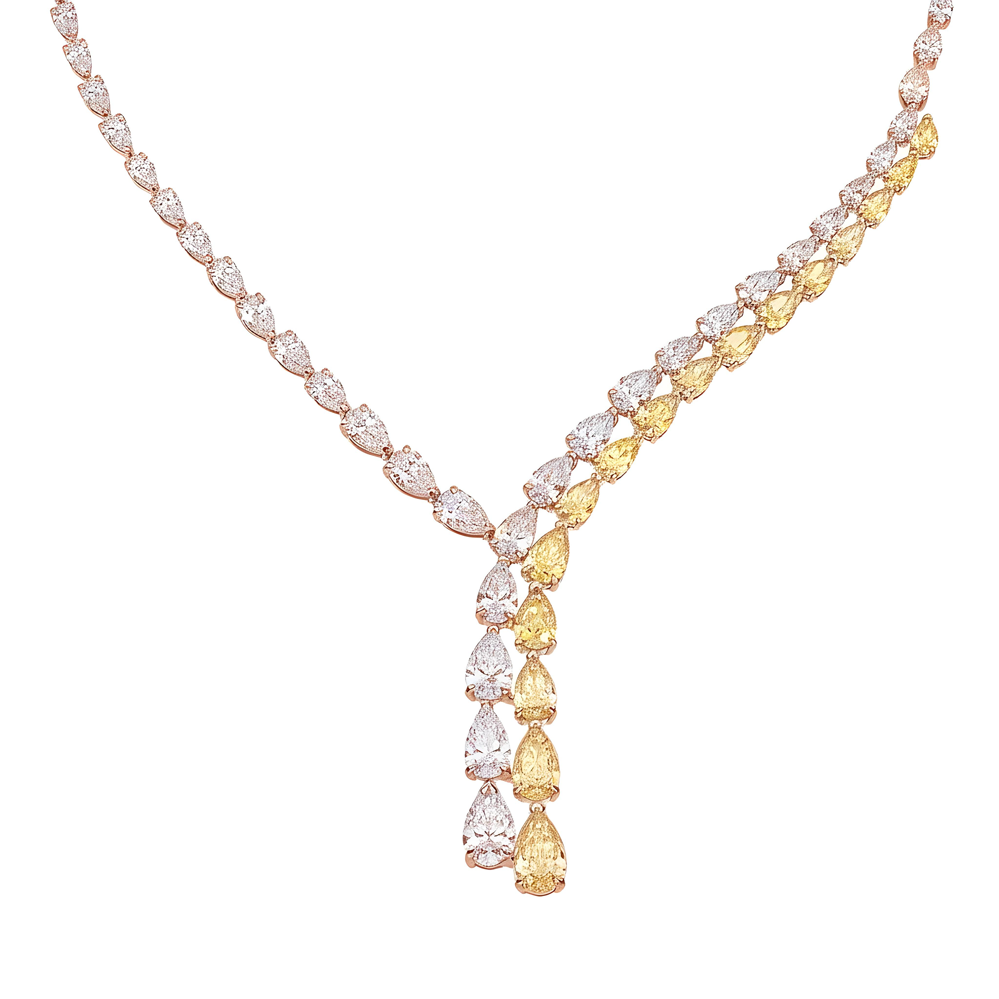 14K Two Tone Pear Cut Fancy Yellow Diamond Drop Necklace 35.20ct