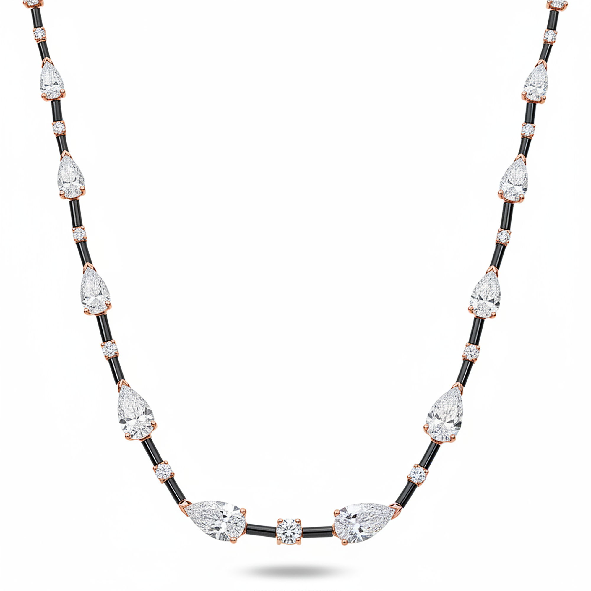 14K White Gold Pear & Round Cut Black Enamel Chain Necklace 15.06ct