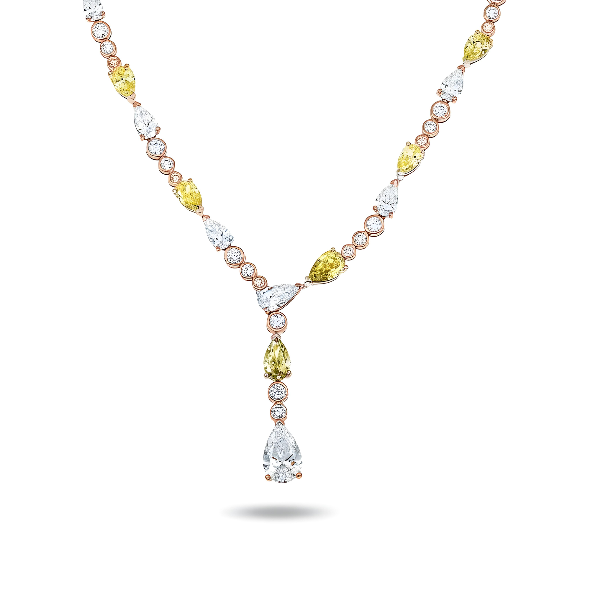 14K White Gold White & Fancy Yellow Diamond Drop Necklace 19.96ct