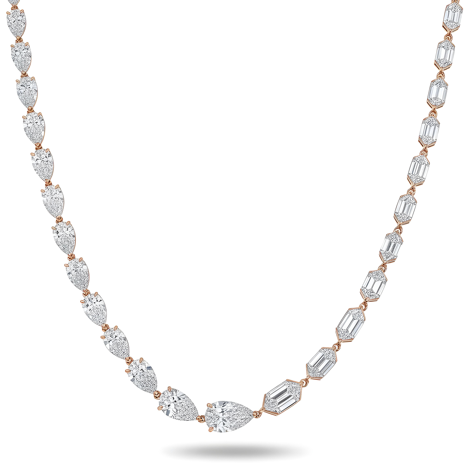 14K White Gold Step Cut Hexagon & Pear Diamond Chain 33.26ct