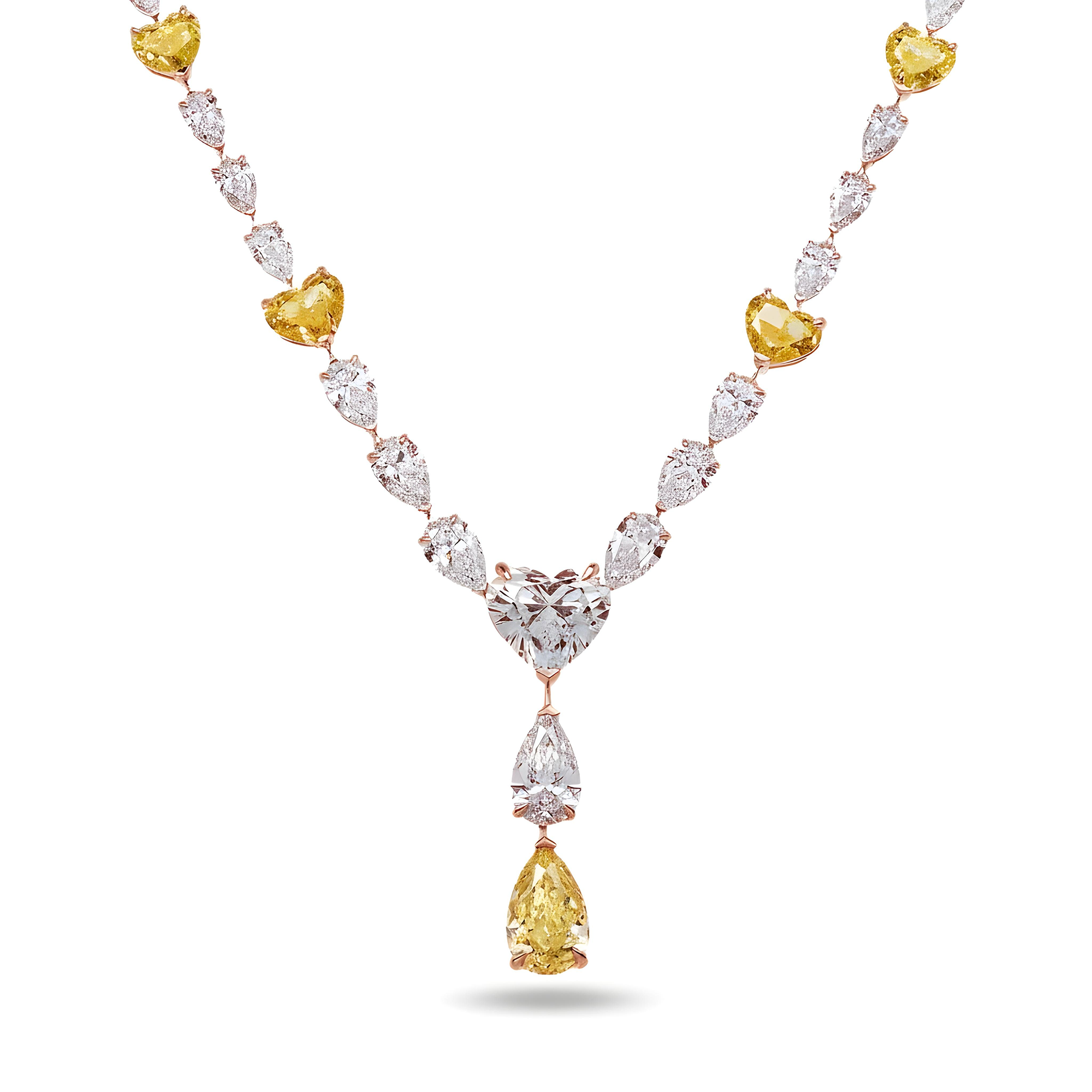 IGI 14K Two Tone Fancy Intense Yellow & White Diamond Drop Necklace 33.73ct