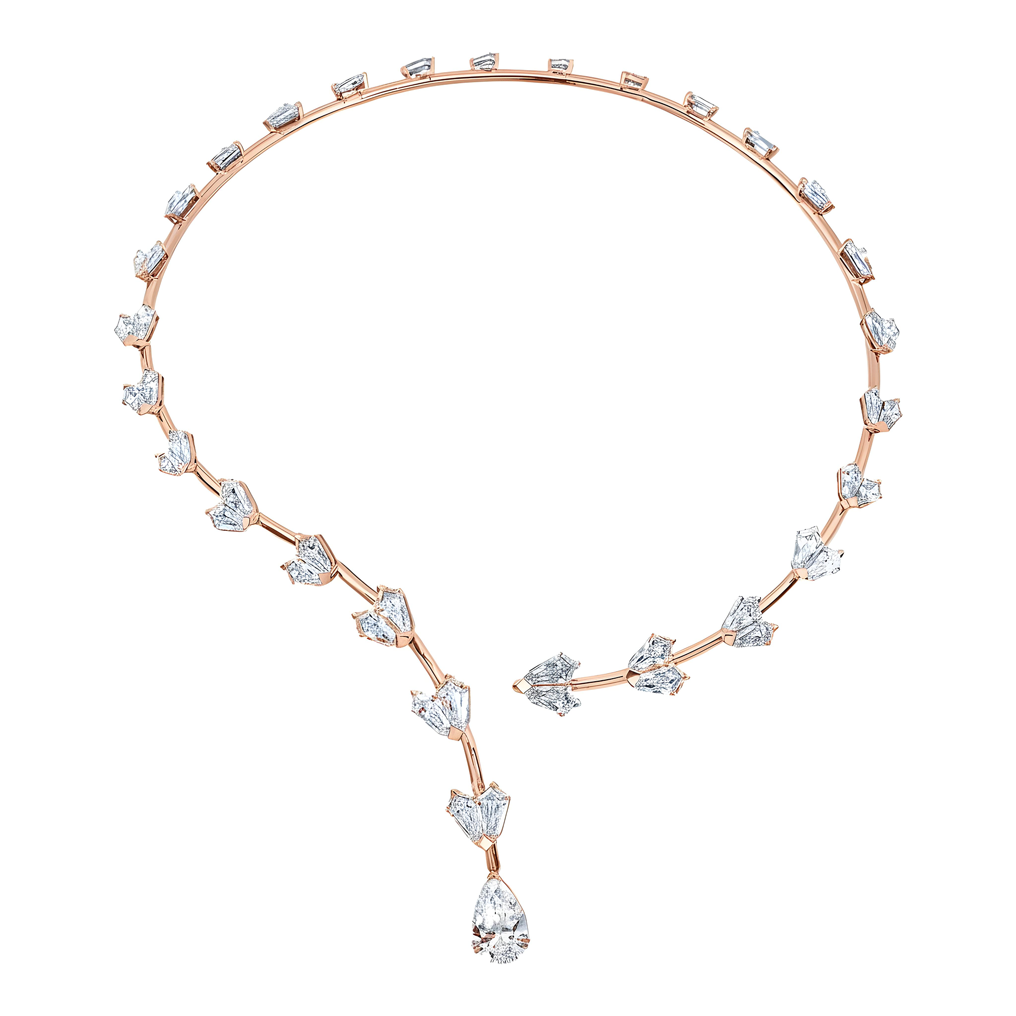 14K White Gold Pear & Step Cut Kite Diamond Satellite Drop Necklace 33.10ct