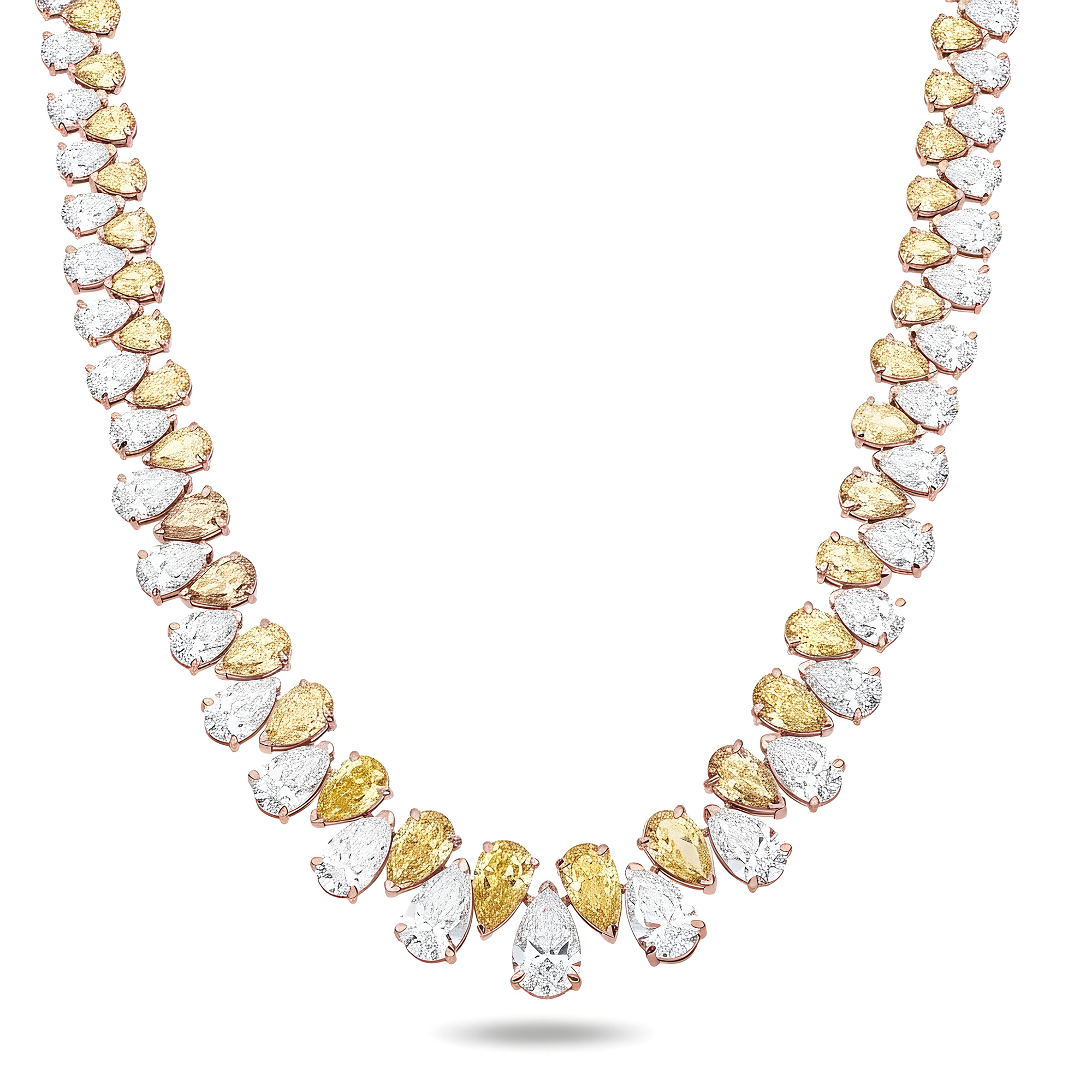 14K Two Tone Graduated Pear Cut Fancy Yellow & White Diamond Chain 45.77ct