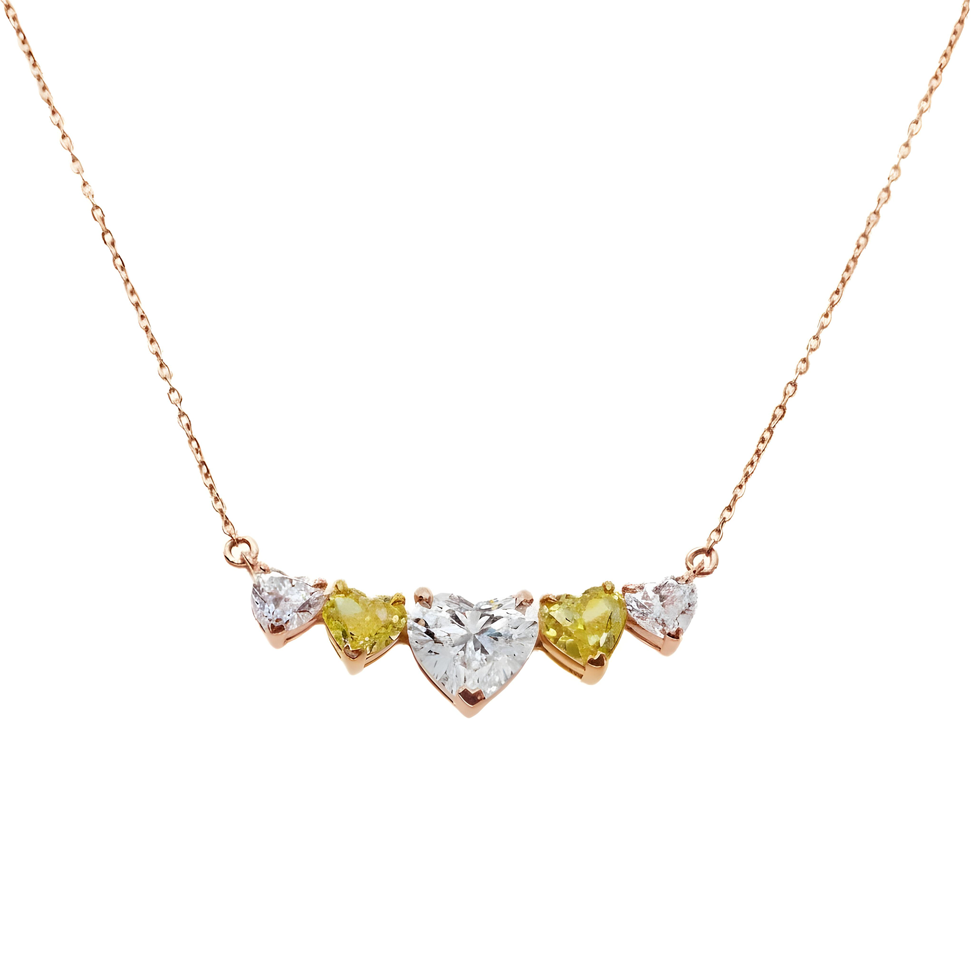 14K Two Tone Heart Cut White & Fancy Yellow Diamond Bar Necklace 3.20ct