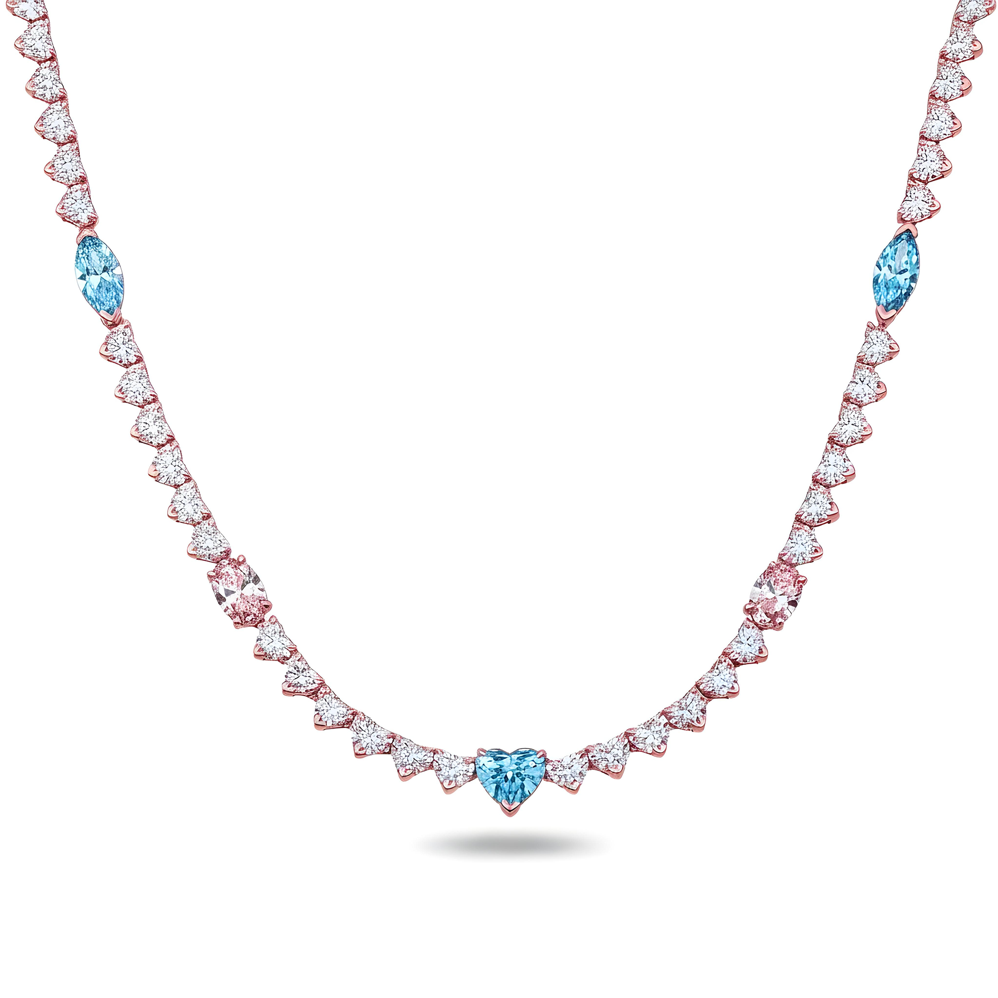 14K White Gold Multi Cut Fancy Pink & Blue Diamond Tennis Chain 28.40ct