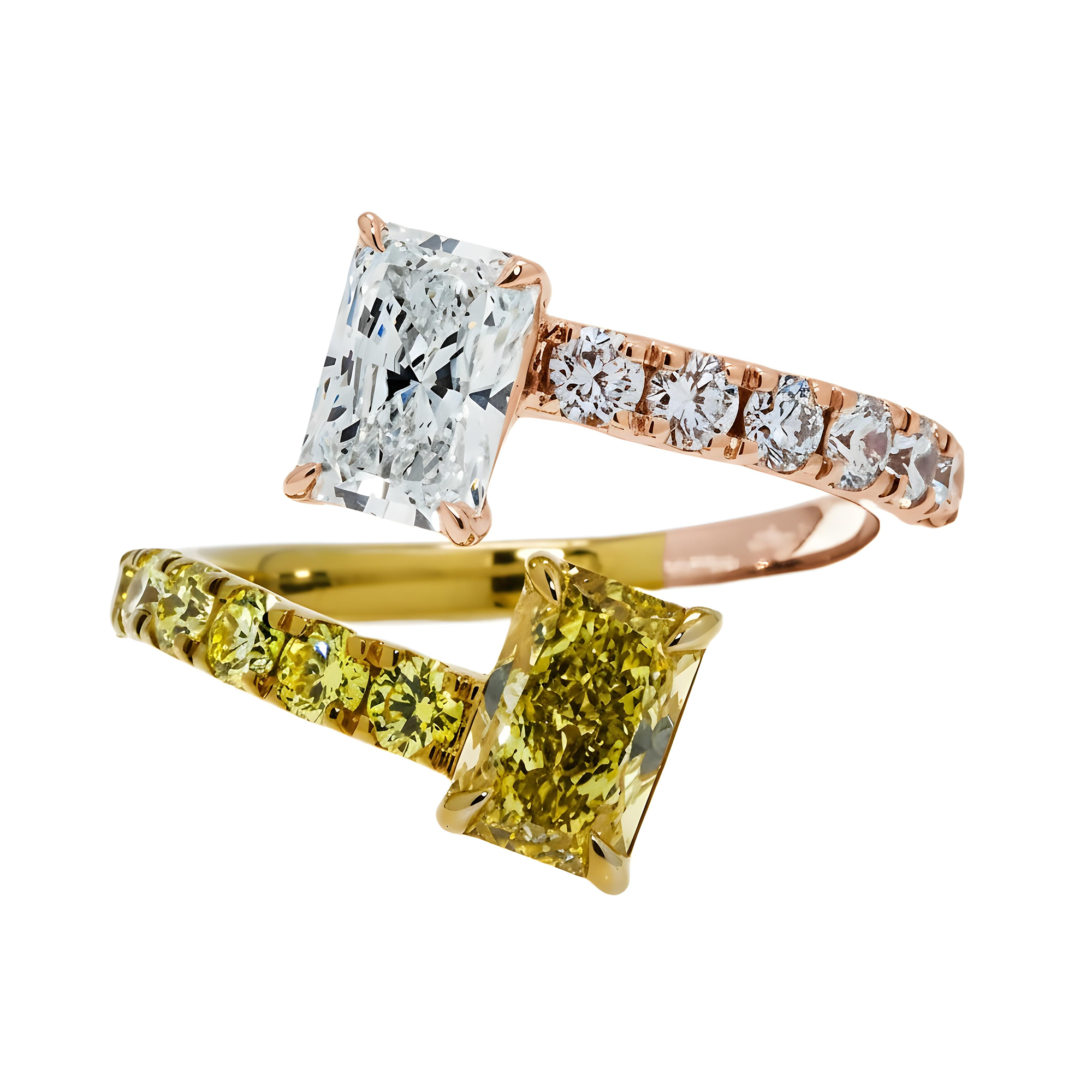 IGI 14K Two Tone Round & Radiant cut Fancy Yellow Diamond Wrap Ring 2.75ct