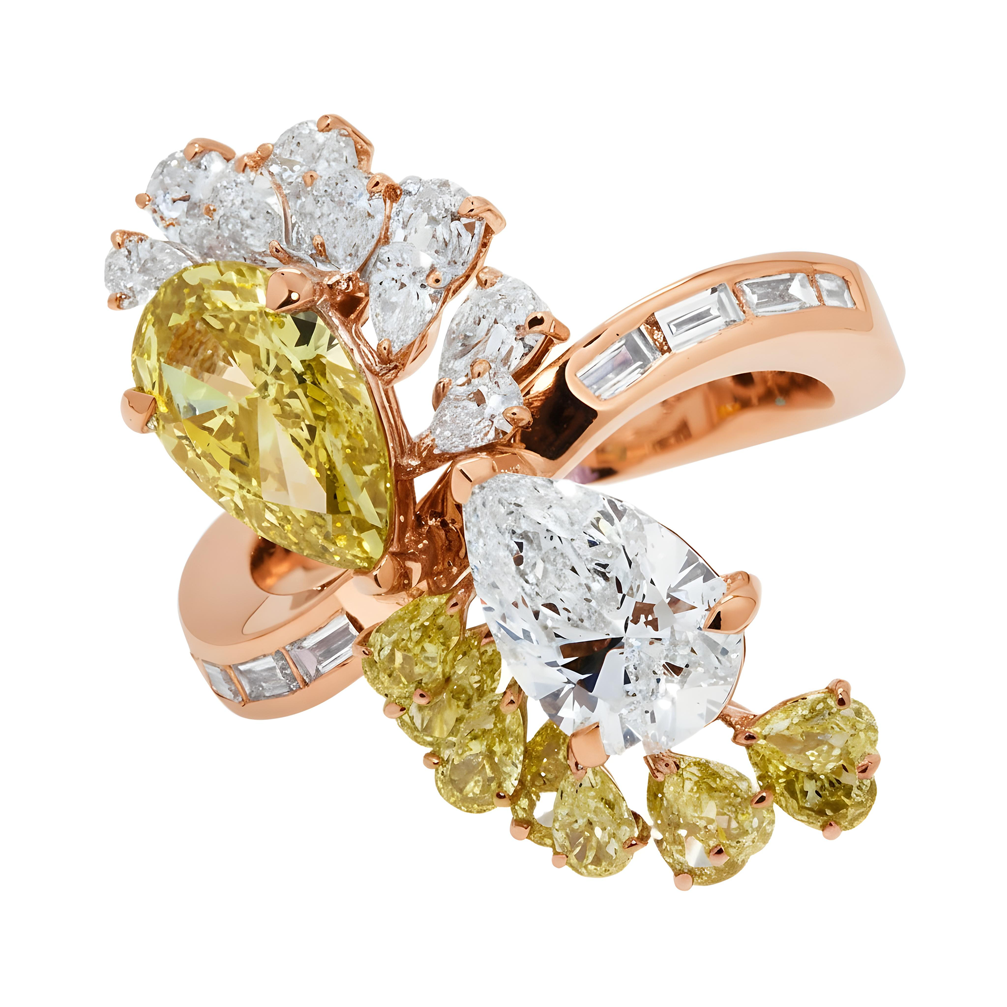 14K White Gold Pear Cut White & Fancy Yellow Diamond Ring 4.86ct