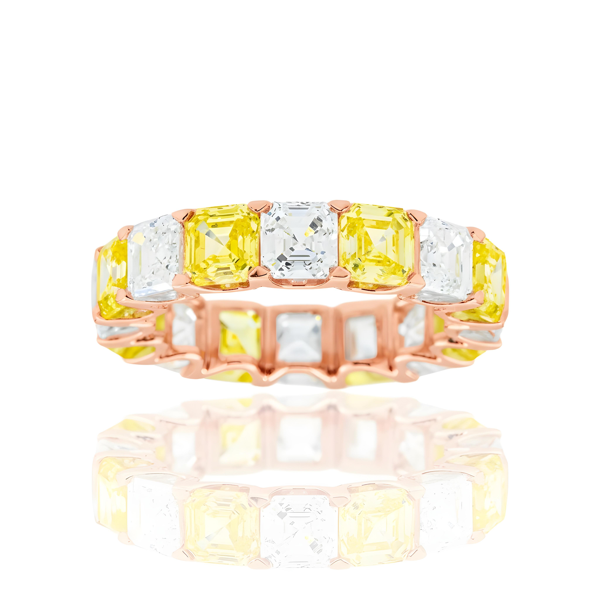 14K White Gold Asscher Cut Fancy Yellow & White Diamond Eternity Ring 8.21ct (Size 6.5)