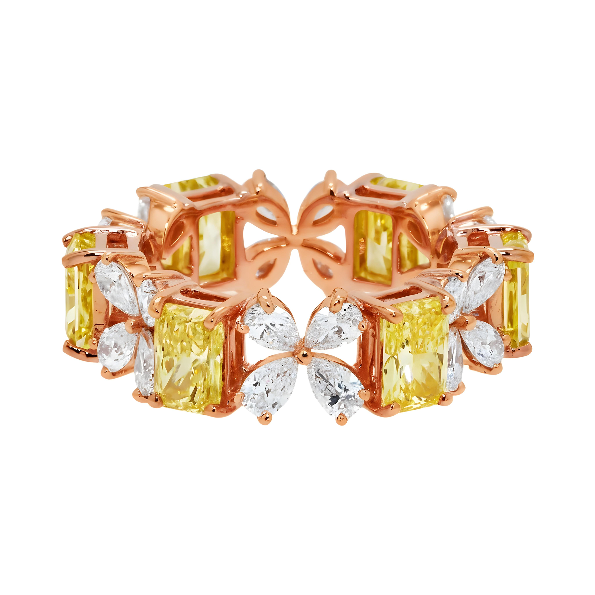 14K Two Tone Fancy Yellow Radiant & Pear Cut Diamond Blooming Eternity Ring 5.68ct