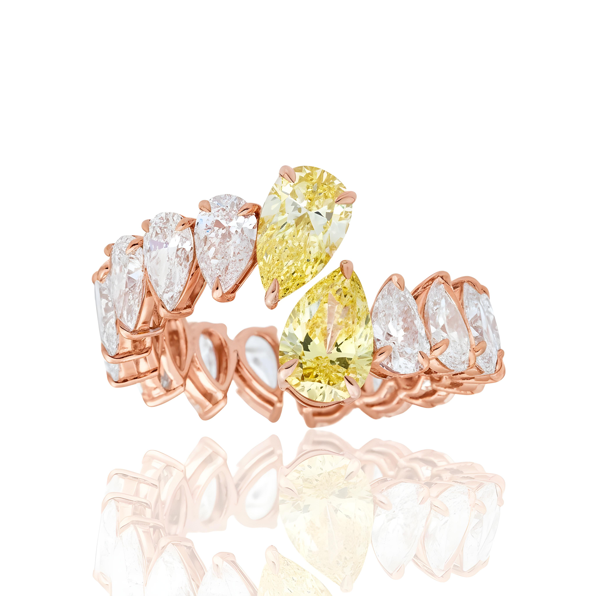 14K Two Tone Pear Cut Fancy Yellow & White Diamond Wrap Ring 6.82ct