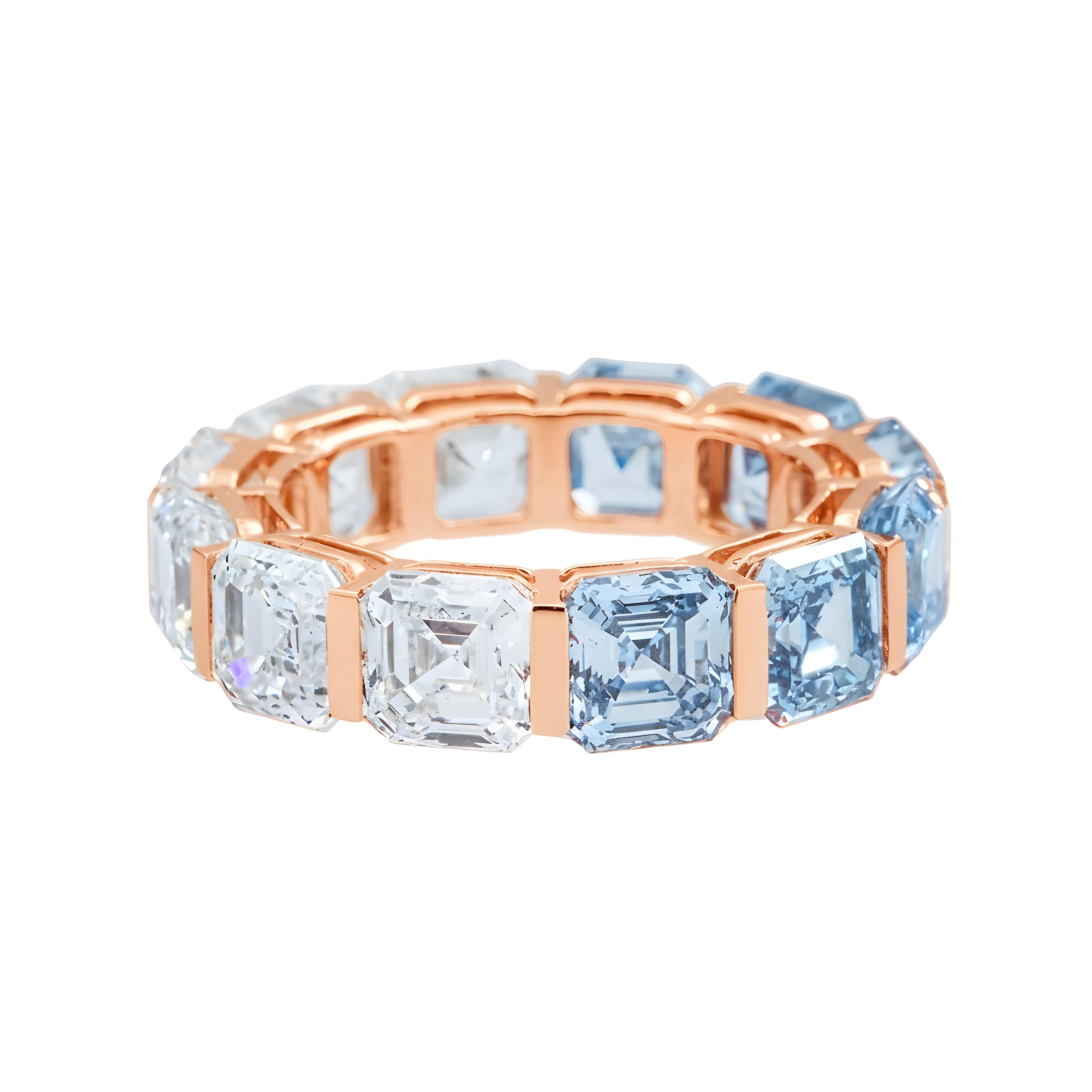 14K White Gold Asscher Cut Fancy Blue & White Diamond Eternity Ring 12.38ct (Size 6)
