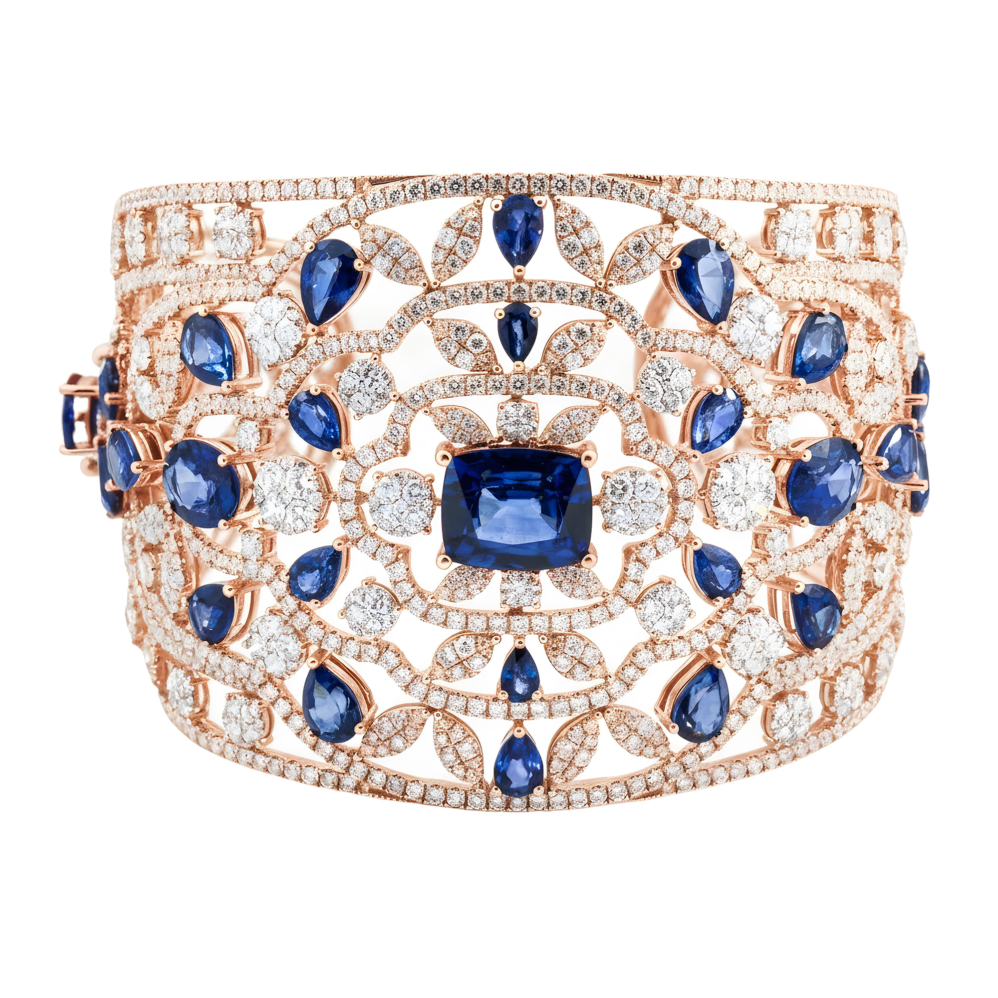 14K White Gold Round Diamond & Multi Cut Sapphire Cuff Bangle Bracelet 56.37ctw
