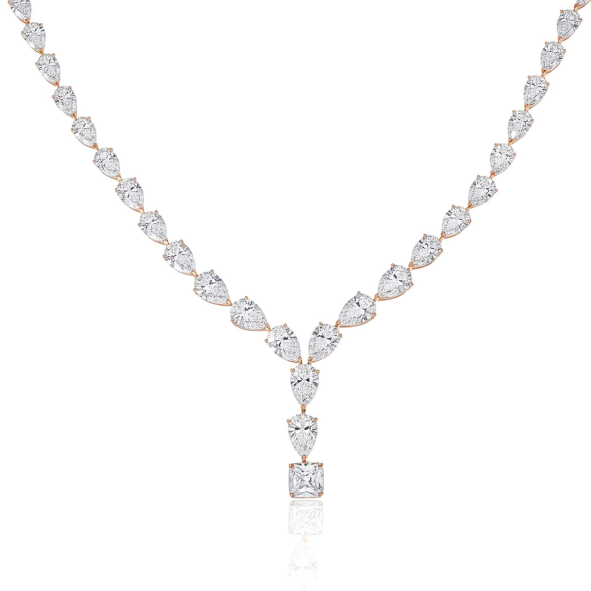 18K White Gold Pear & Cushion Cut Diamond Drop Necklace 40.28ct