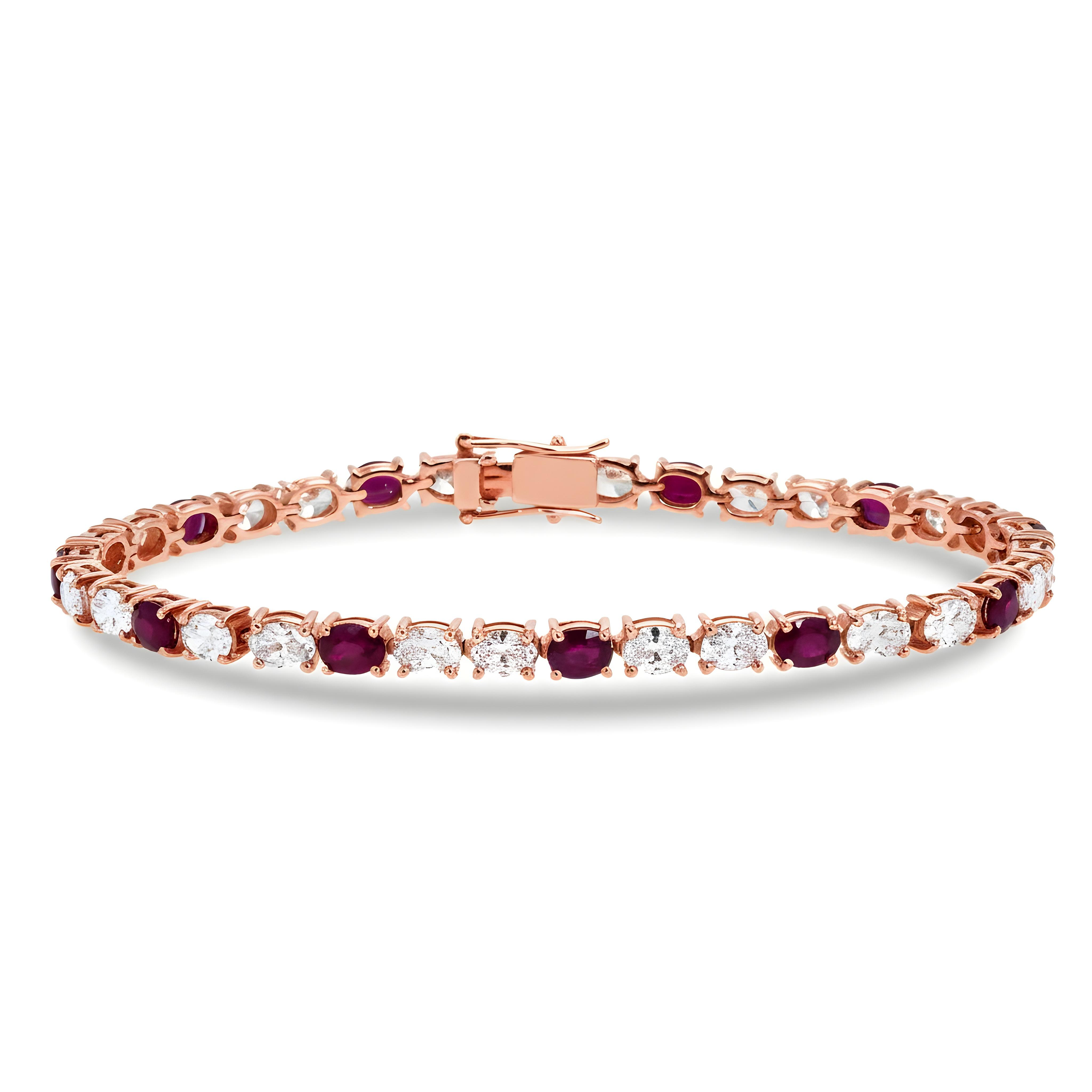 18K Yellow Gold Oval Cut Ruby & Diamond Tennis Bracelet 8.75ctw
