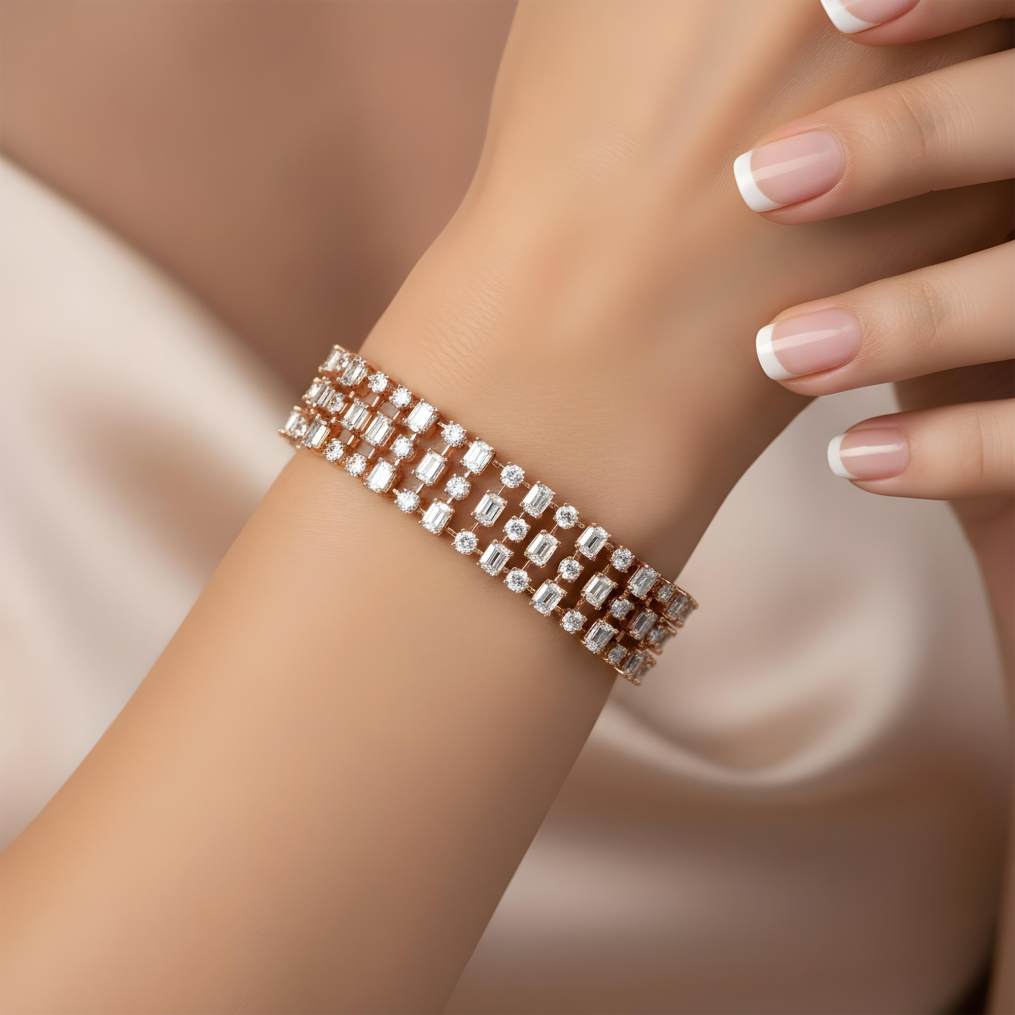 18K White Gold Round & Emerald Cut Triple Row Diamond Bracelet 19.95ctw