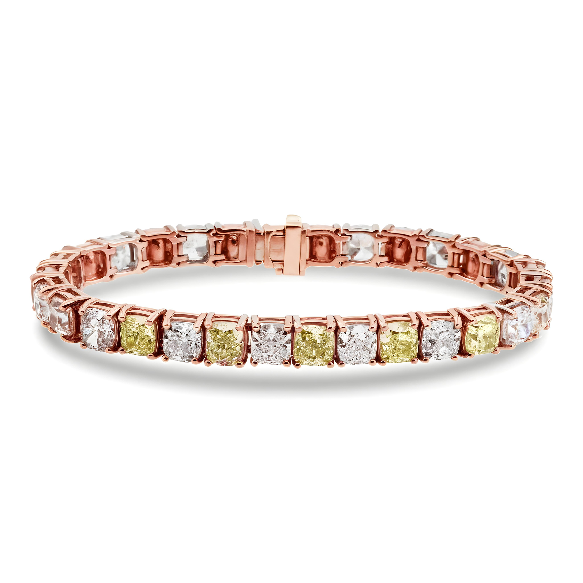 18K Two Tone Fancy Light Yellow & White Cushion Cut Diamond Tennis Bracelet 31.02ct
