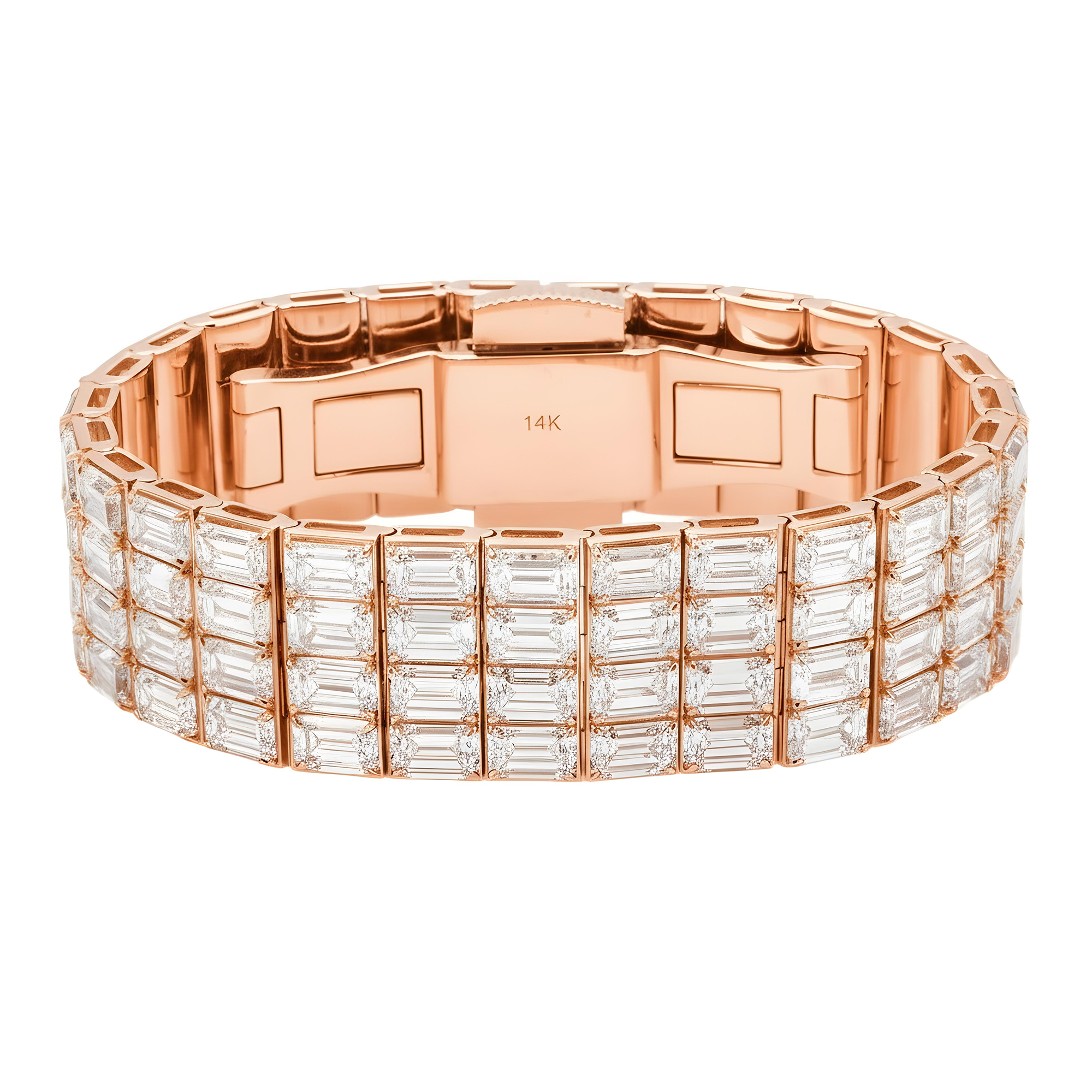14K White Gold 4 Row Emerald Cut Diamond Bracelet 115.98ct