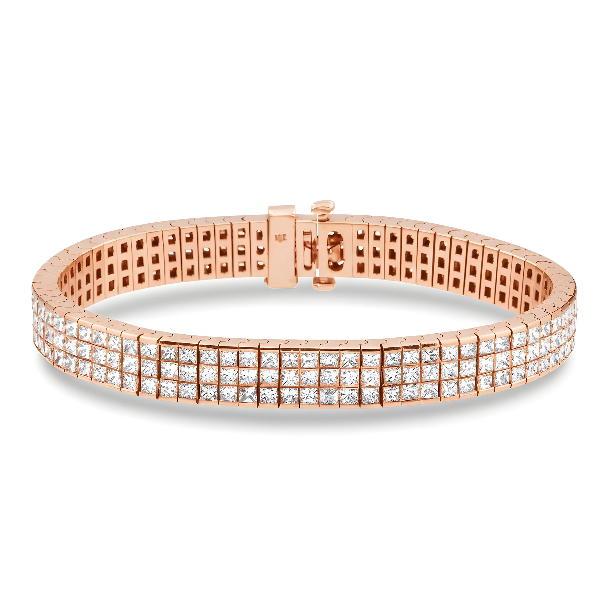 18K White Gold Triple Row Princess Cut Diamond Bracelet 16.57ct