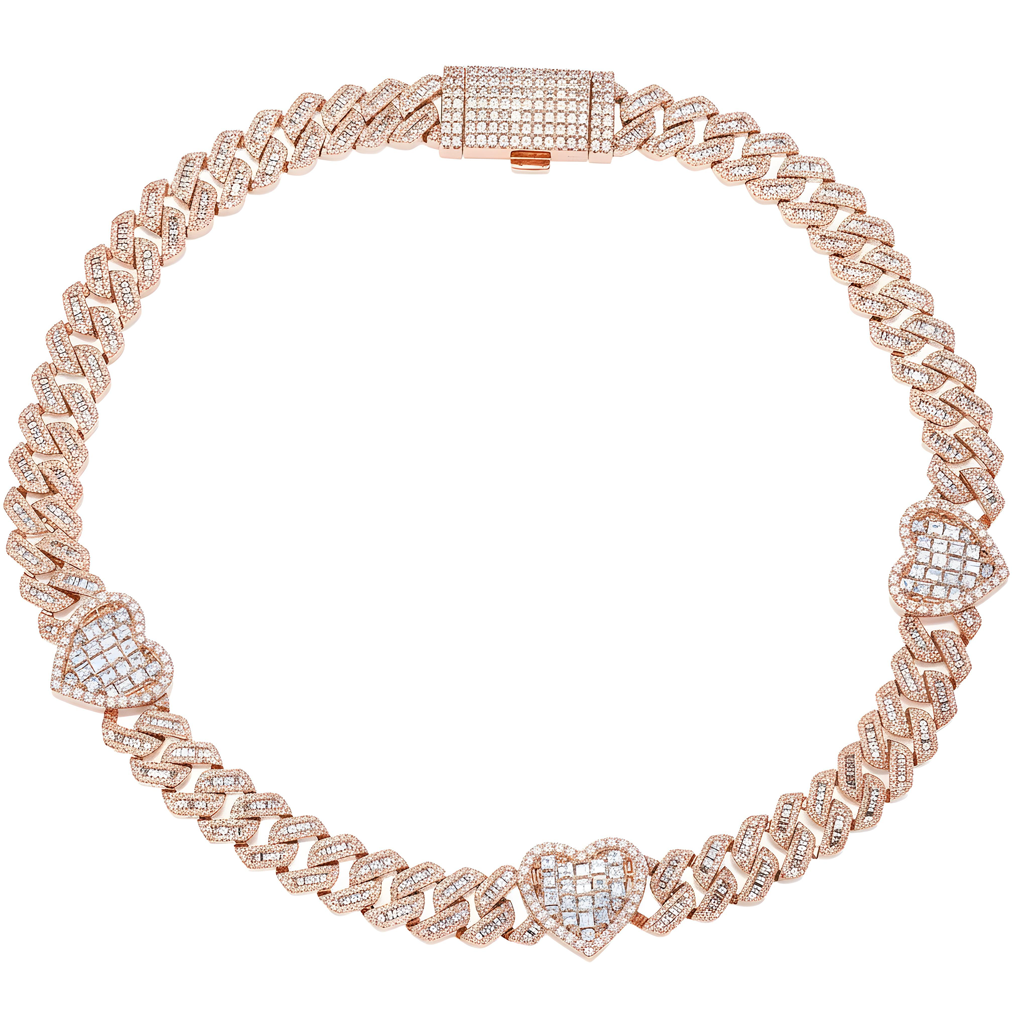 10K White Gold 13mm Asscher, Baguette & Round Diamond Triple Heart Cuban Link Chain 26.11ct