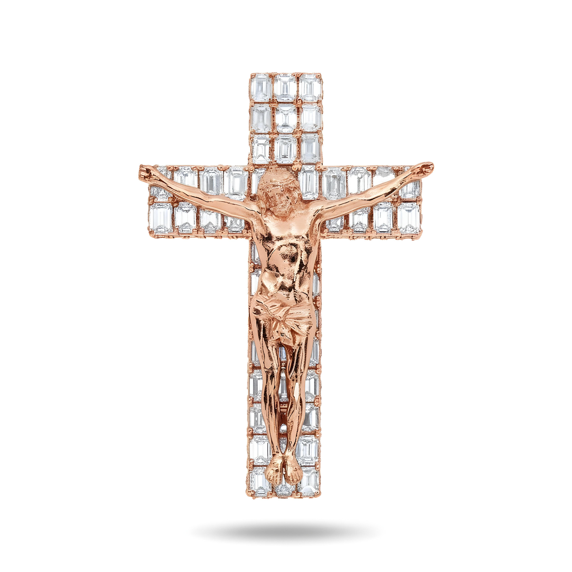 14K White Gold Emerald & Round Diamond Jesus Cross Pendant 9.82ct