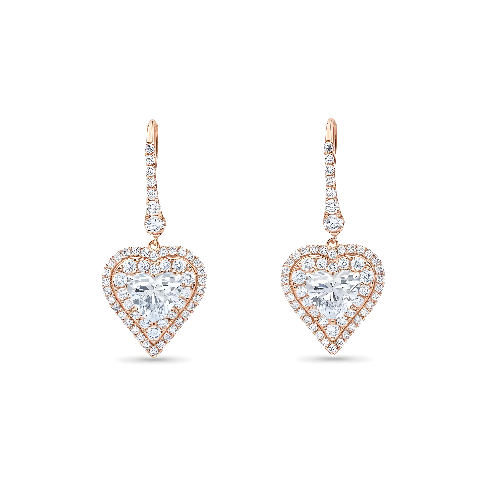IGI 18K White Gold Round & Heart Cut Diamond Drop Earrings W/ Halo 5.06ctw