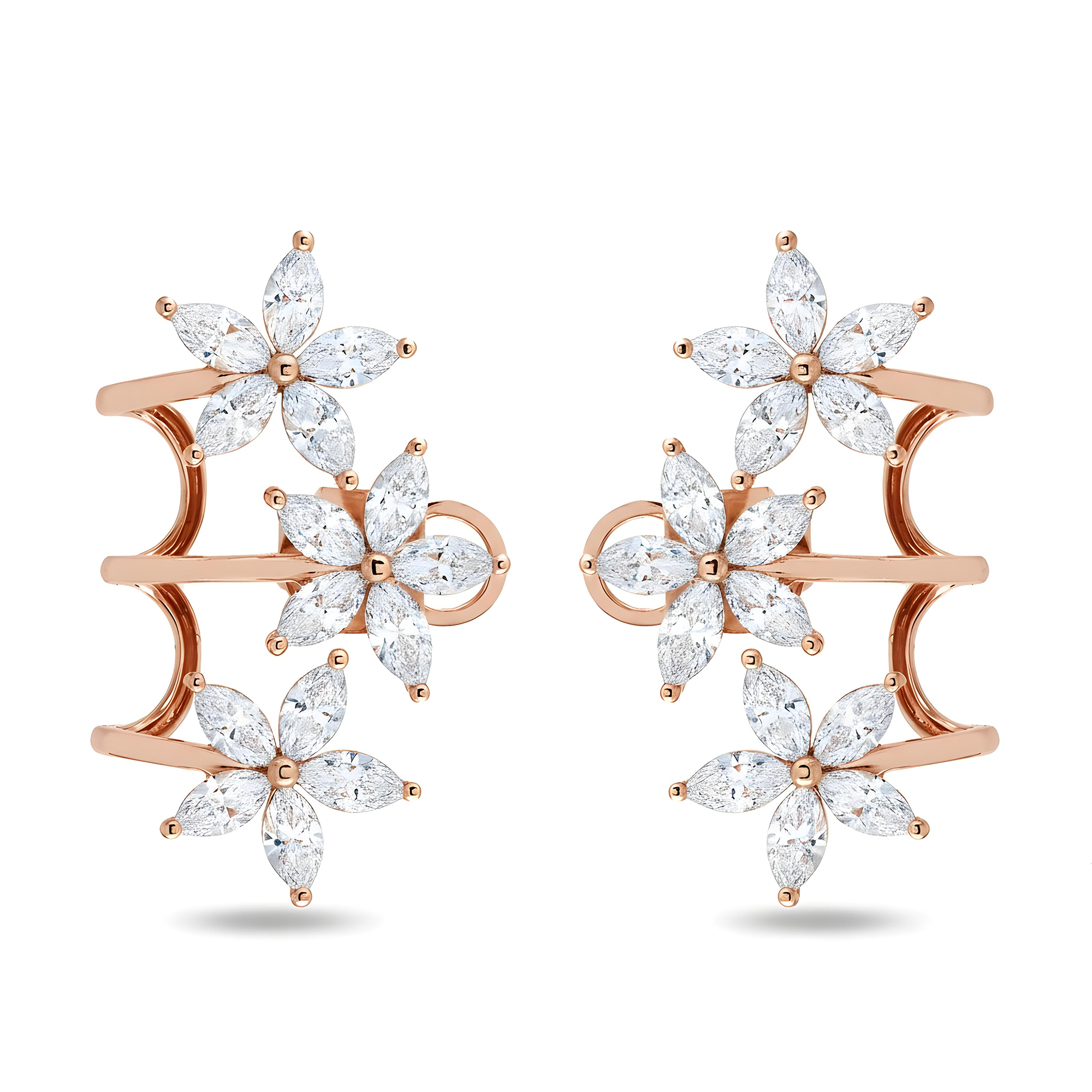 White Gold Marquise Cut Diamond Flower Climber Earrings 3.78ctw
