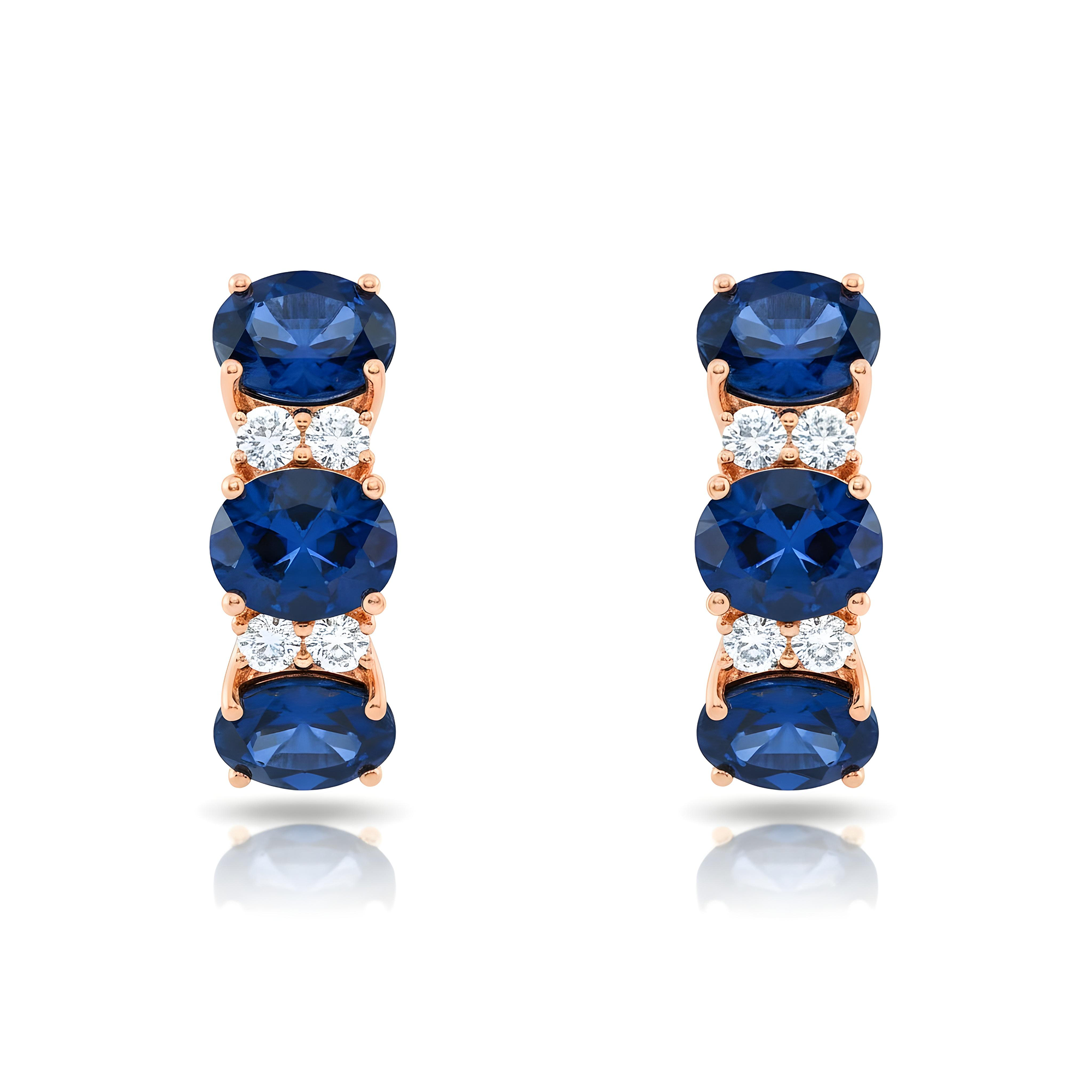 White Gold Oval Sapphire & Round Diamond Half Hoop Earrings