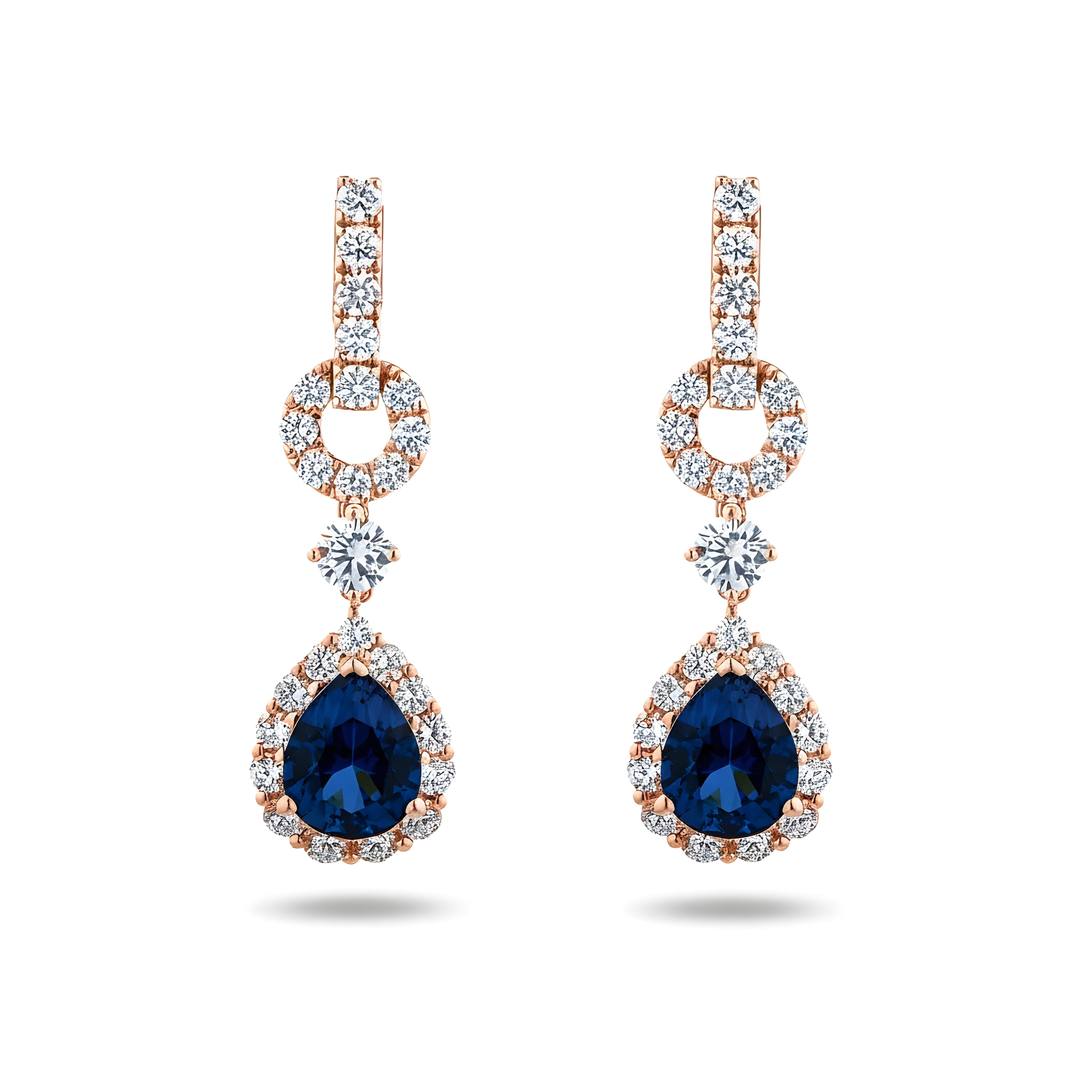 White Gold Pear Cut Sapphire & Round Diamond Drop Earrings 6.50ctw