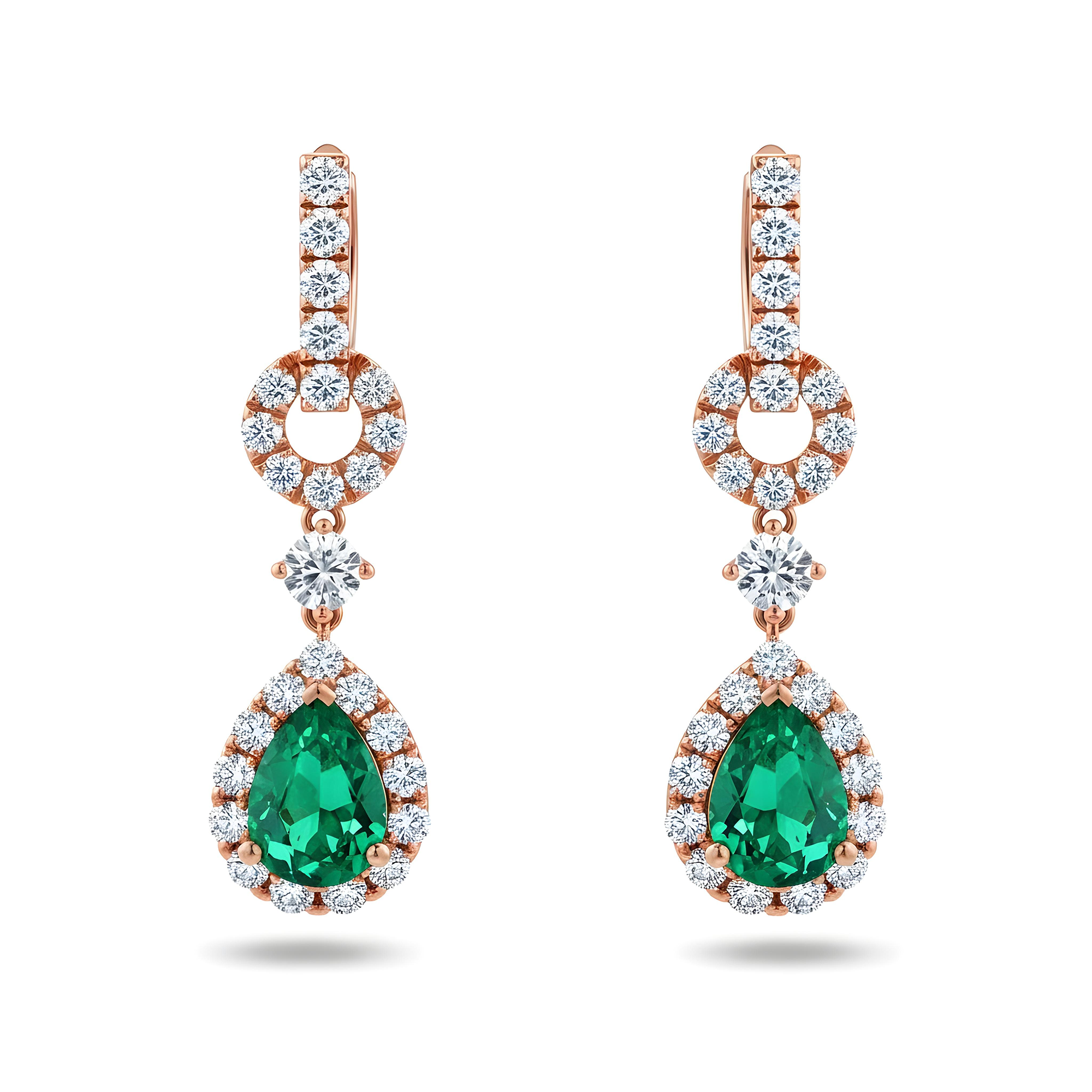 White Gold Pear Cut Emerald & Round Diamond Drop Earrings 5.63ctw