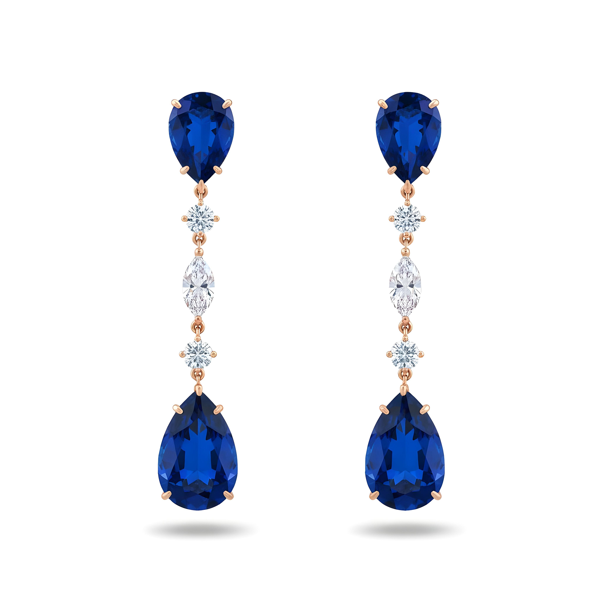 White Gold Pear Cut Sapphire & Multi Cut Diamond Drop Earrings 24.98ctw
