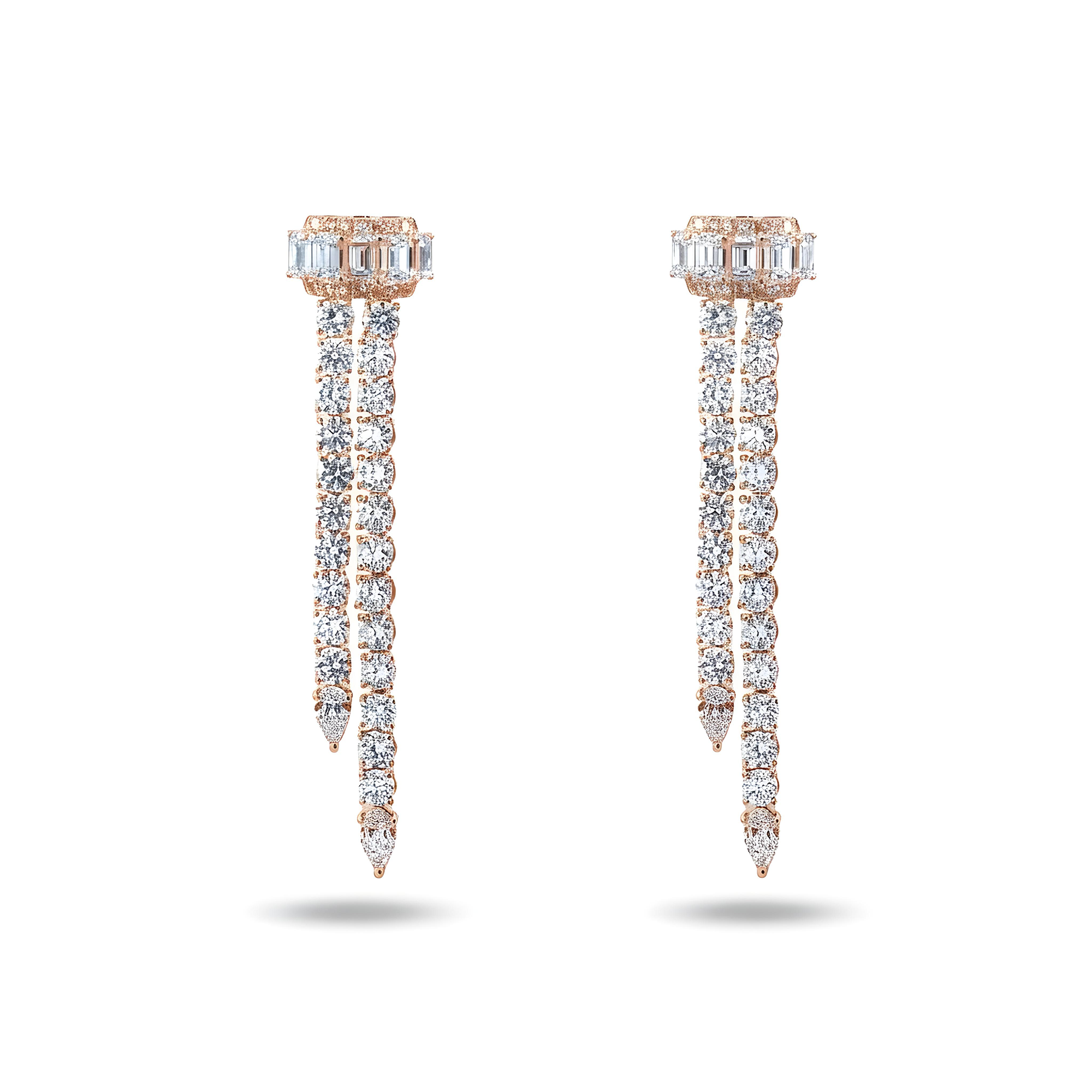 White Gold Emerald Cut & Round Diamond Drop Earrings 10.35ctw