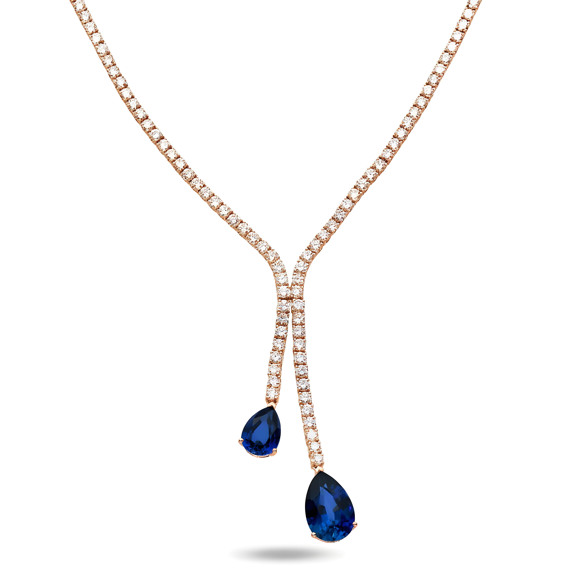 White Gold Round Cut Diamond & Pear Cut Sapphire Drop Necklace 25.87ctw