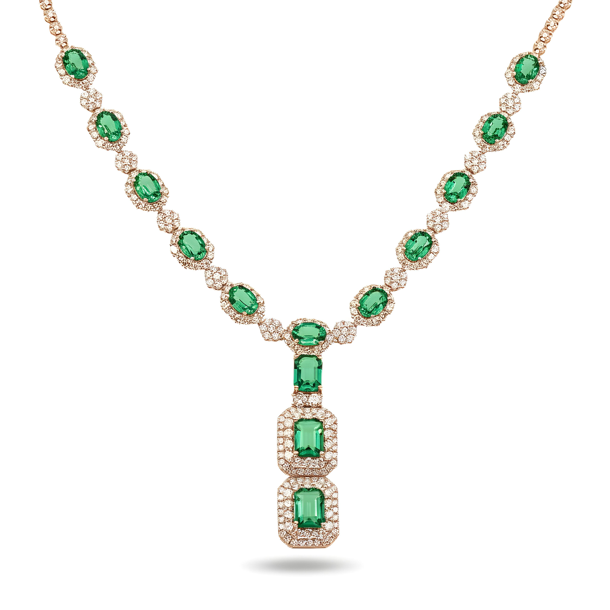 White Gold Multi Cut Emerald & Round Diamond Drop Necklace 22.88ct