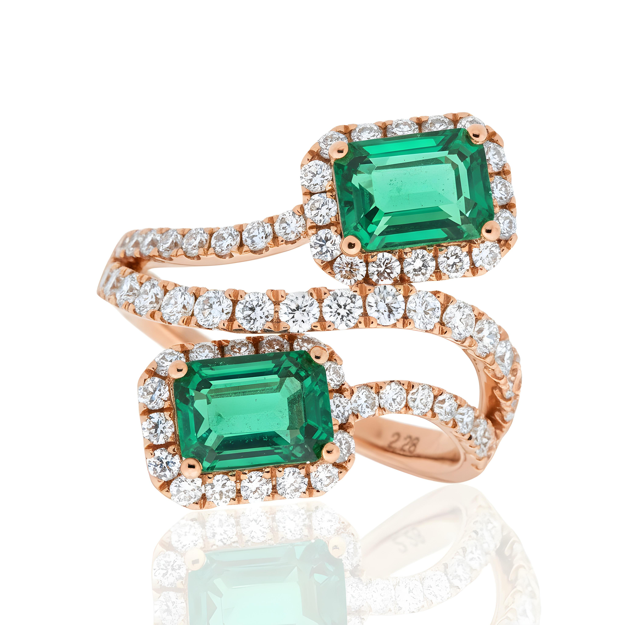 White Gold Emerald Cut Emerald & Round Diamond Wrap Ring 3.31ct