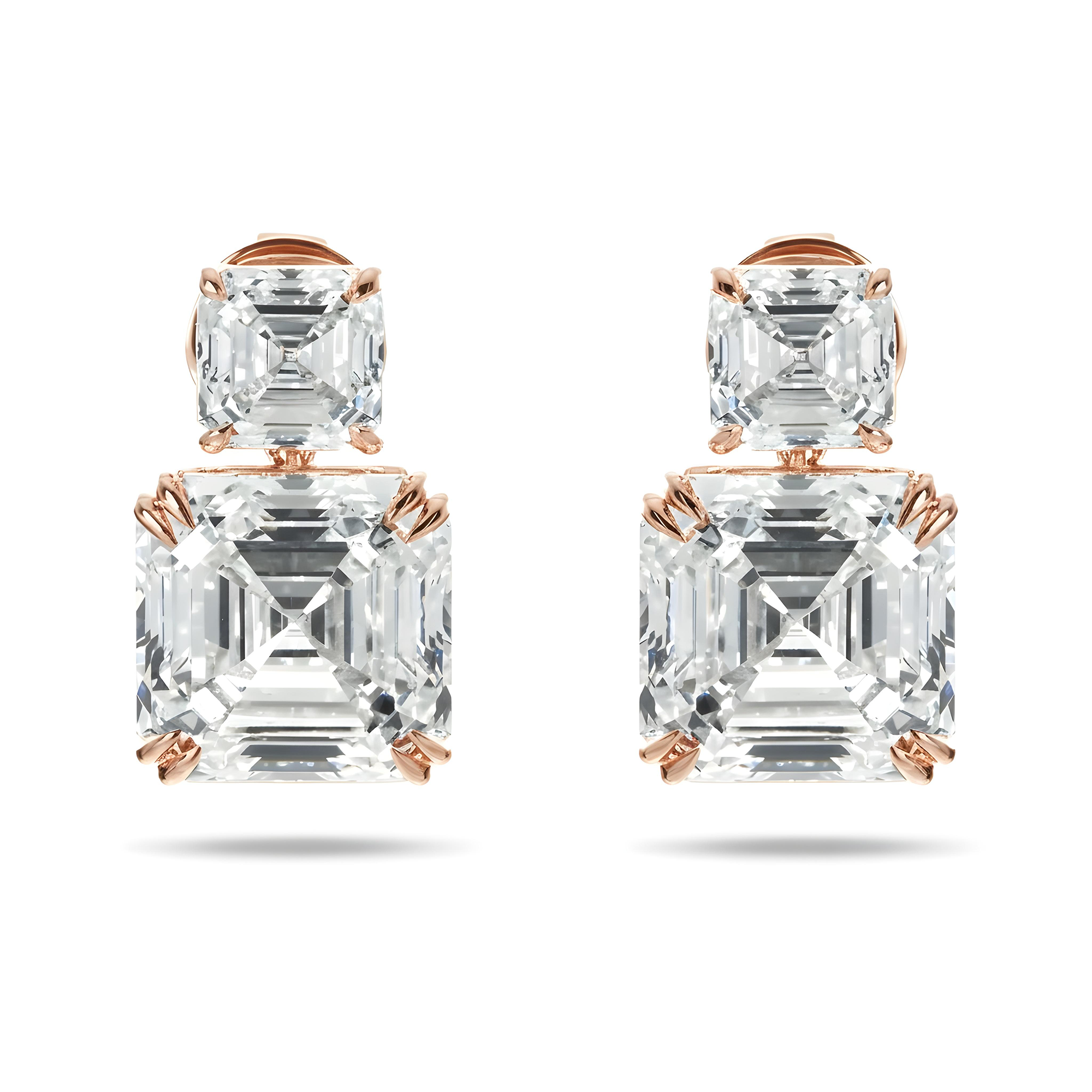 18K White Gold Double Asscher Cut Diamond Short Drop Earrings 24.43ctw