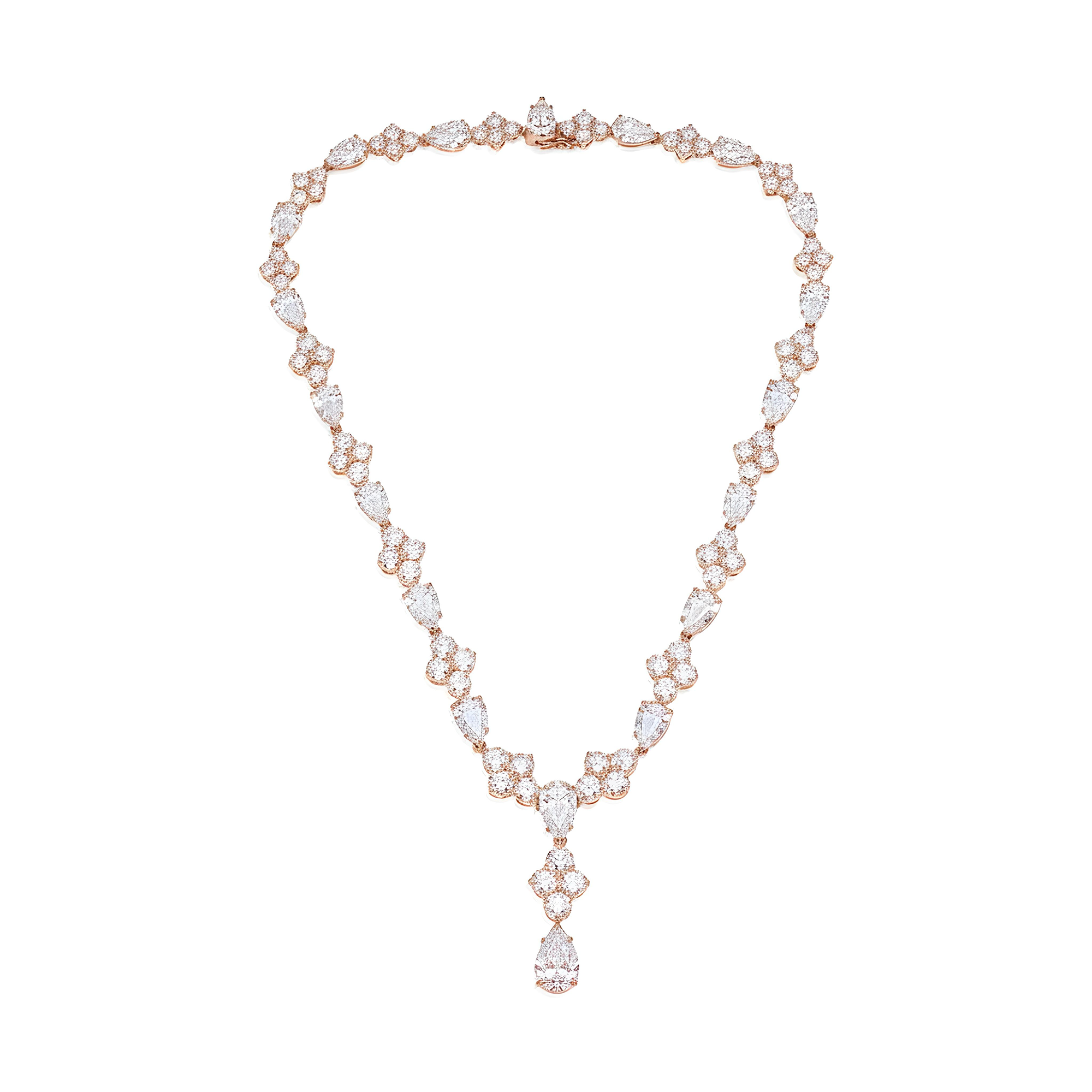 18K White Gold Round & Pear Cut Diamond Drop Necklace 52.43ct
